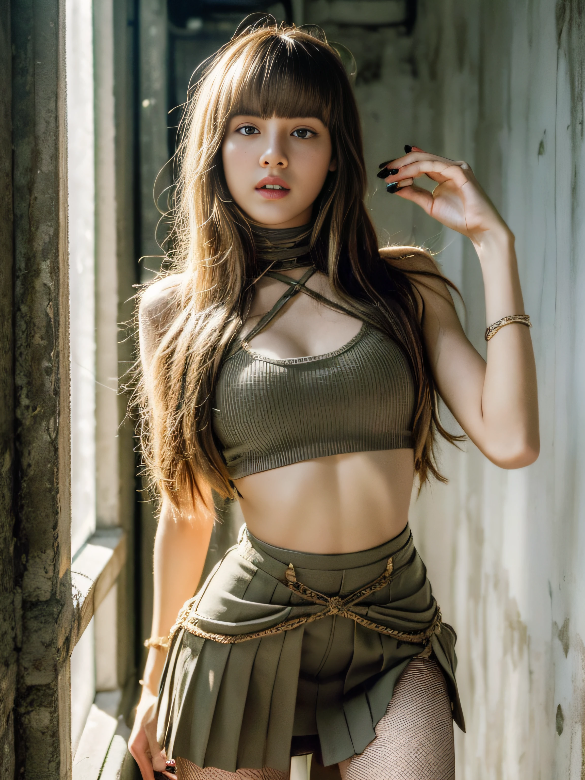 Lisa light yellow long hair, Lisa face shape, wasteland punk style, wearing loose deconstructed bottom knit, khaki torn deconstructed lace-up knit, white , , open waist, khaki pleated skirt, long legs, black gray tone, background loess ruins, masterpiece, superlative, realistic, HD, photographic lighting, 16k