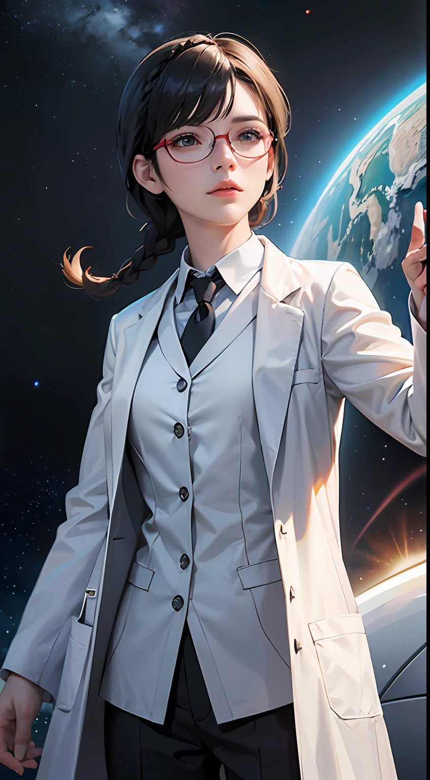 Movie Poster,((long hairstyle braid : 1.5)),(Smooth hairstyles),Anime Reference 86 ,science fiction,sci-fi,motion picture,War Action Movies,outer space,atmospheric,sky,Combat vehicles,Seriously frowned....,Women,mature adult,green eyes,Black Hair,(Short hairstyles, Short hairstyles : 1.8 ),(Red glasses),(The scholar wears a long white lab coat..:1.3),Realistic facial details,Realism,3d face