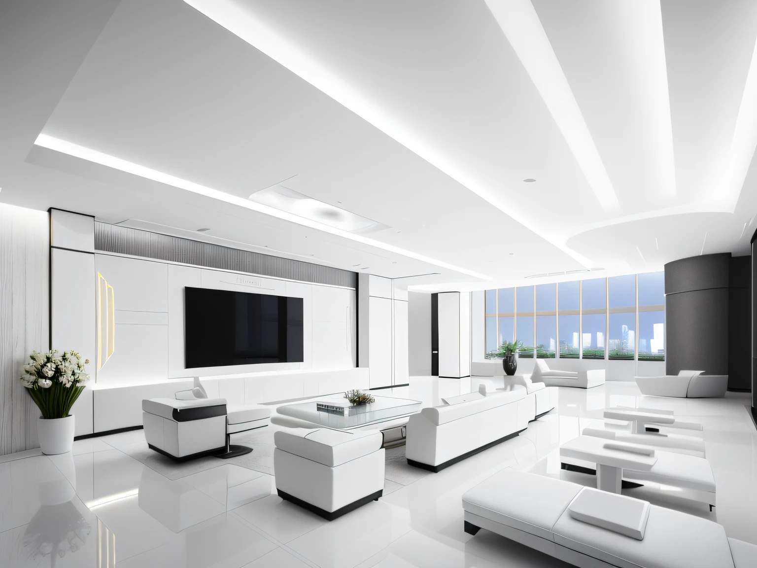 The lobby features white furnishings and a flat-screen TV, Futuristic style lobby, all white render, Modern lobby, luxury hd render, White ceiling, Luxury hotel interior, Wrap around the white space, high end interior, futuristic interior, Indoor lobby, crisp smooth clean lines, penthouse, 5000k white product lighting