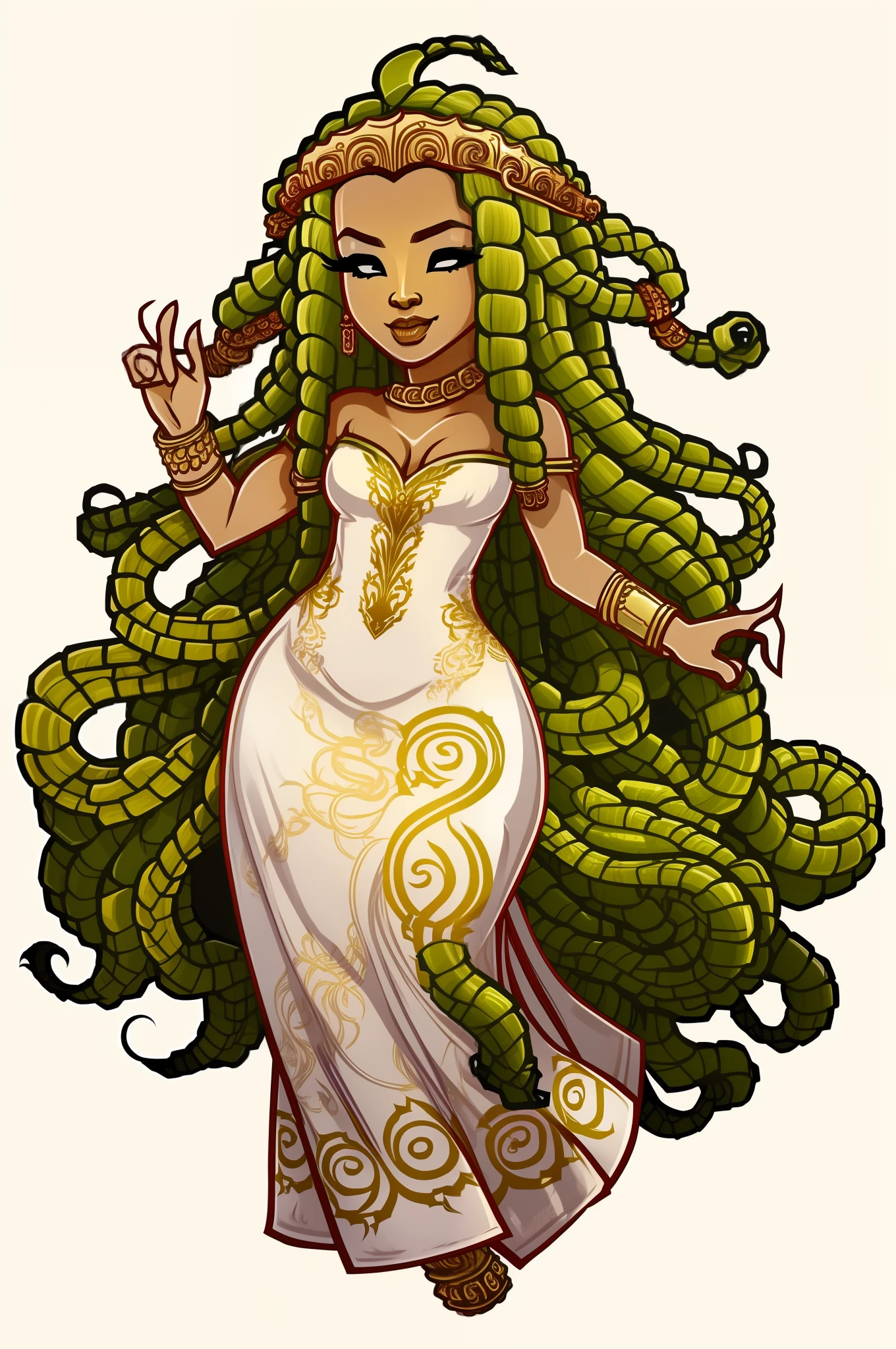 "Gorgon's Head, gorgon cabelo, detalhes do vestido em dourado, diadema dourado"