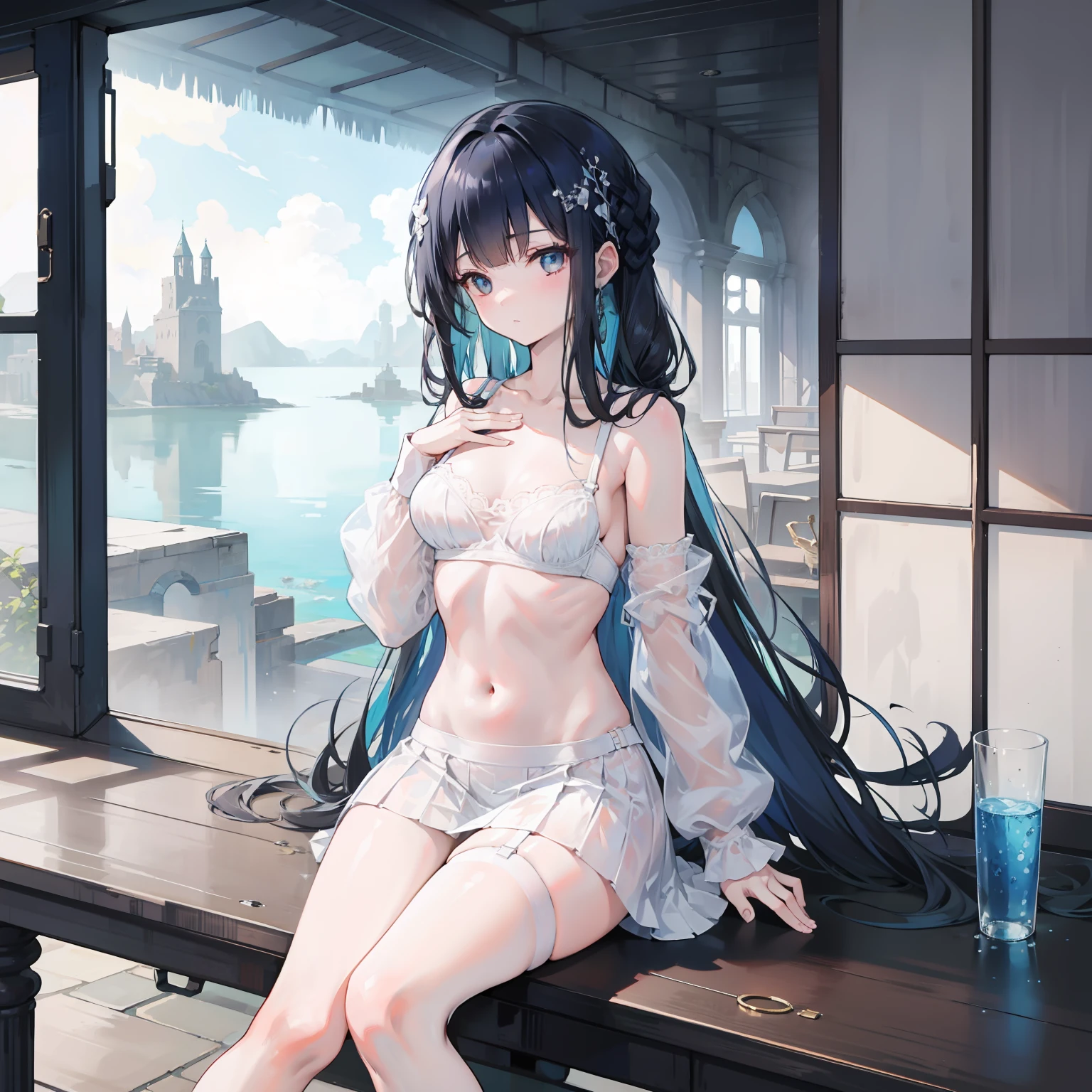 Hatsune Miku、(Surreal), (one example), (high resolution), (8K), (Very detailed), (Best example), (Beautiful and delicate eyes), (Best quality), (Very detailed), (Master of Peace), (wallpaper), (Delicate face), Solitary, 1 Girl, Noble dress、White hair, Heterochromia iris, There is a small mole under the eye, Medium chest, Long legs,Stunning composition,Braids,Beautiful and delicate legs
