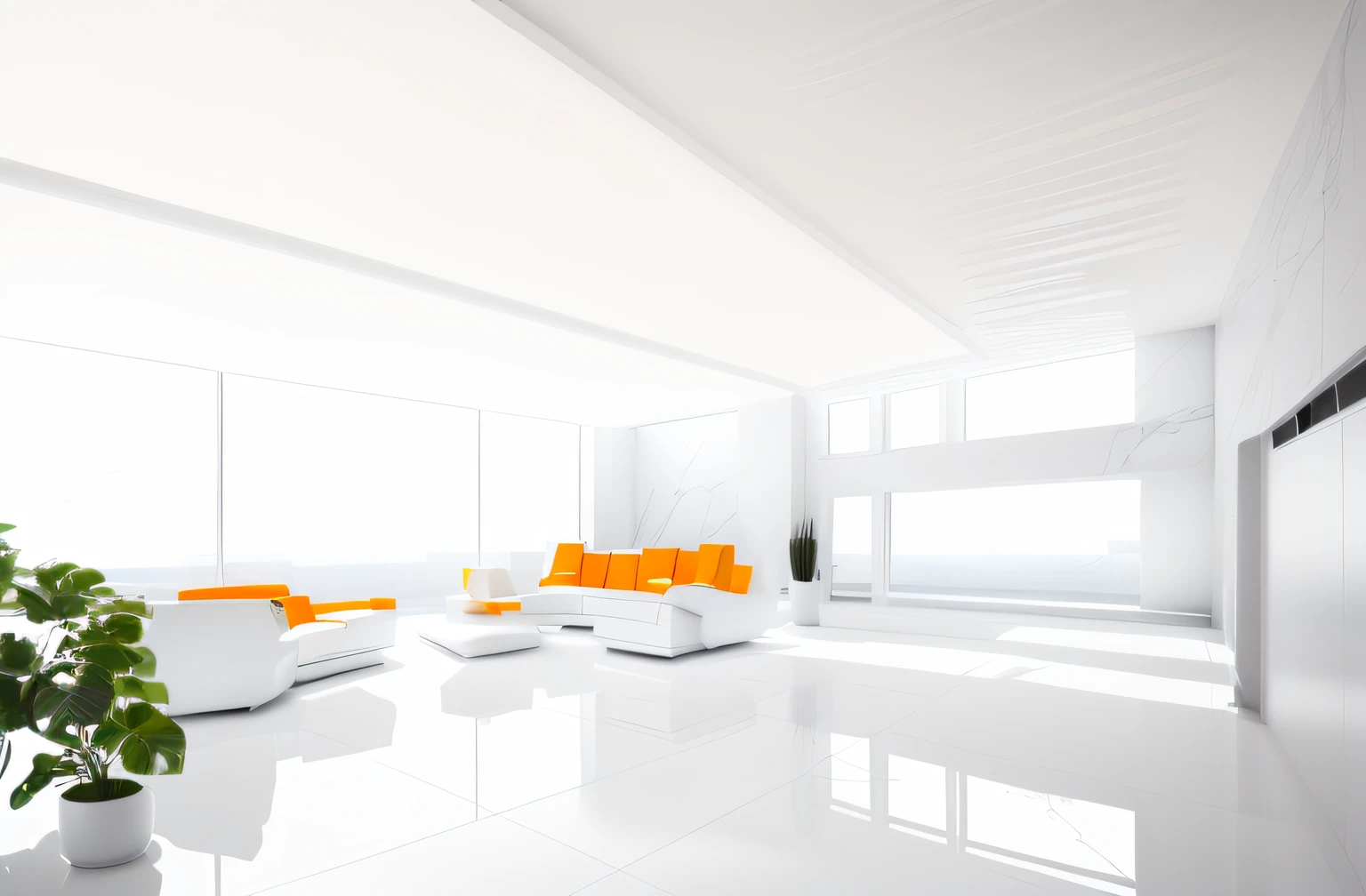 There is a lobby with white marble floors，There is a large window and multiple sofas, all white render, Wrap around the white space, bright render, White Room, White ceiling, inside white room, orange and white color scheme, Futuristic style lobby, elegant minimalism, white and orange, maximalist interior design, white minimalist architecture, minimal modern, White floor, White color scheme