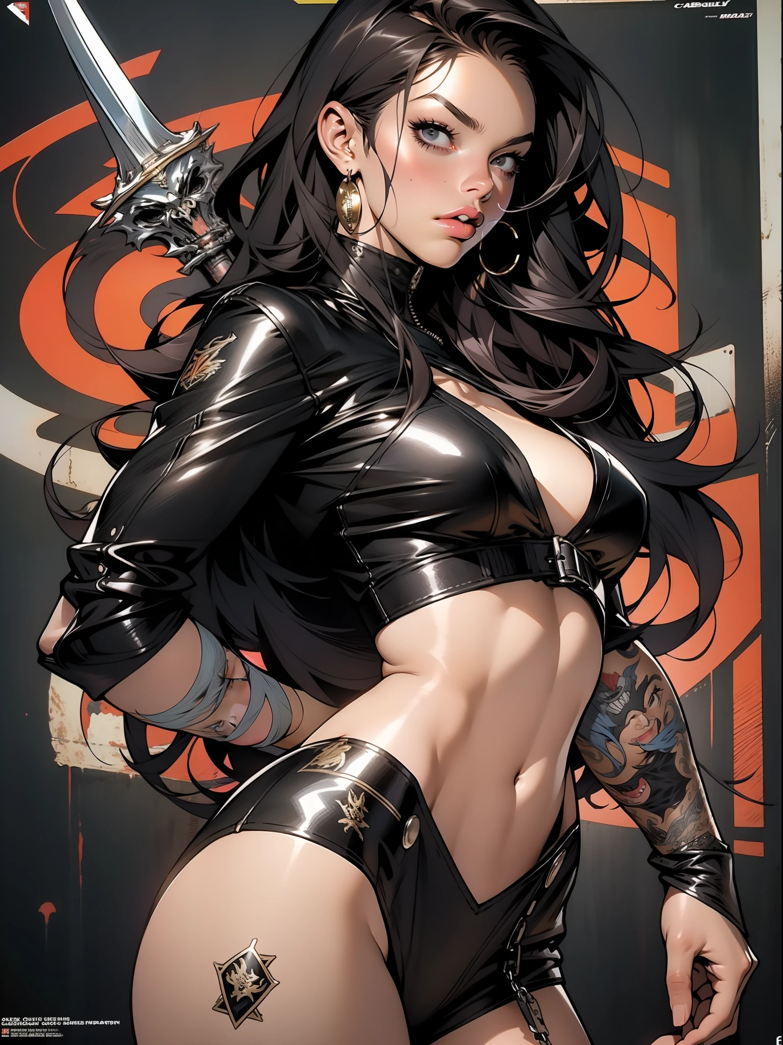 Uma guerreira mulher de 35 anos quase nua no estilo Simon Bisley para a capa da revista Heavy Metal, cabelo metade preto metade branco, Minimum clothing, Roupas curtas,
