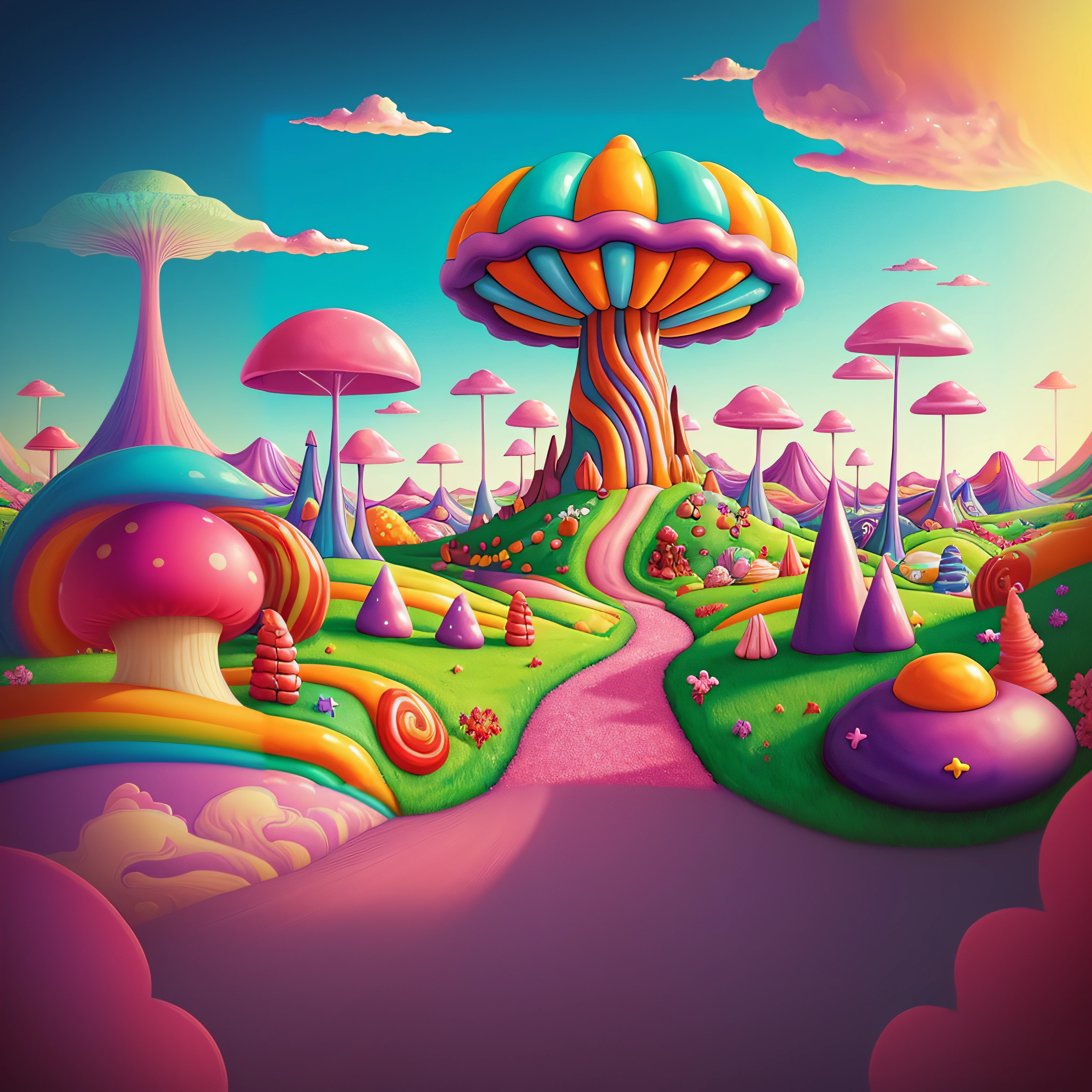 A painting of a colorful land of sweets with a path and trees, psychedelic mushrooms dream, psychedelic illustration, Psychedelic landscape, whimsical fantasy landscape art, surreal psychedelic design, Psychedelic retro illustration, Colorful illustration, Arte trippy, whimsical and psychedelic, Ciudad Cyber Mushroom, psychedelic art style, Arte de dibujos animados vibrante, a surreal dream landscape, psychedelic surreal art, psychedelics, Surreal dreamscape