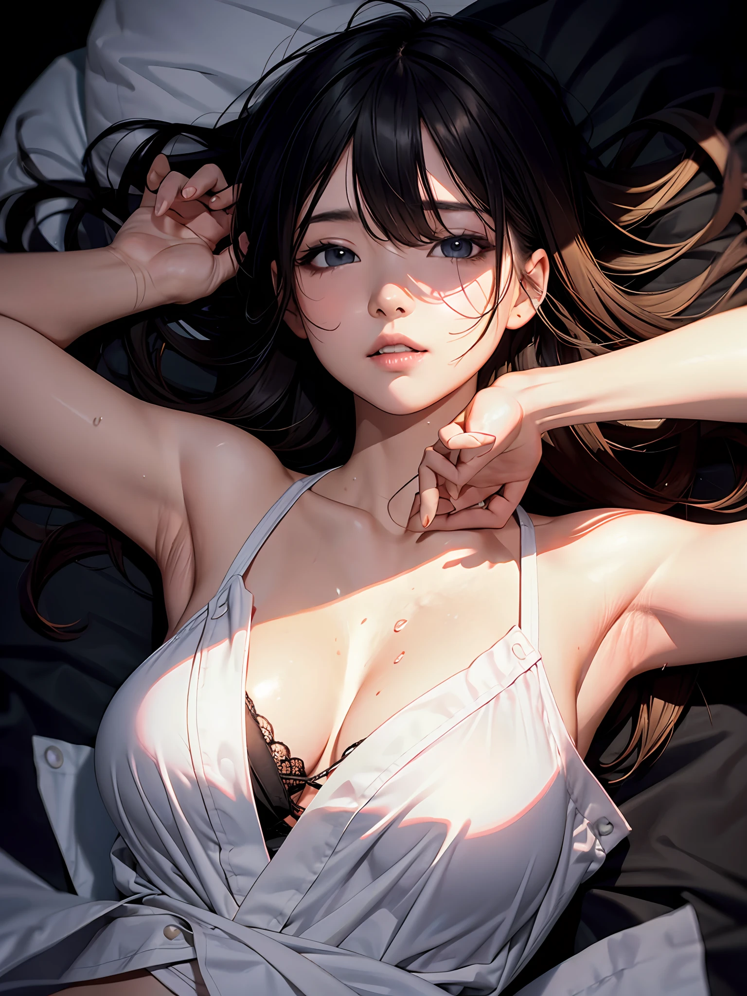 best images quality, tmasterpiece, hyper HD, (fidelity: 1.4), photore, 1 Woman, Torn sailor suit, cinematic ligh, sobu, Beds, (ripped clothing: 1.5), exposed bare shoulders, Yawning face, Sleeping face, Wet crotch, seductiv, alluring face, random hair style, ssmile, rough breathing, lay on back, lying up, Arm Raised, Super smoke, deep dark background, with black background, wlop, from the above