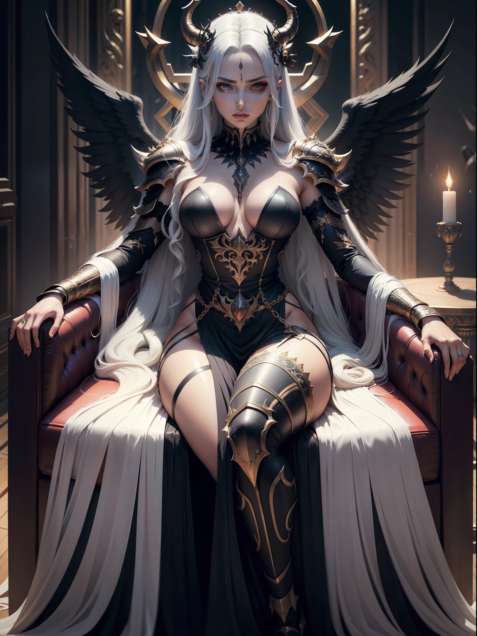 The demons，goddes，a queen，a throne，Wings，Long hair，Devil hair ornaments，Raised sexy，Tall，high and cold，Domineering，Armor，large scene，Dark tones，light and dark，high detal，high qulity，8K quality