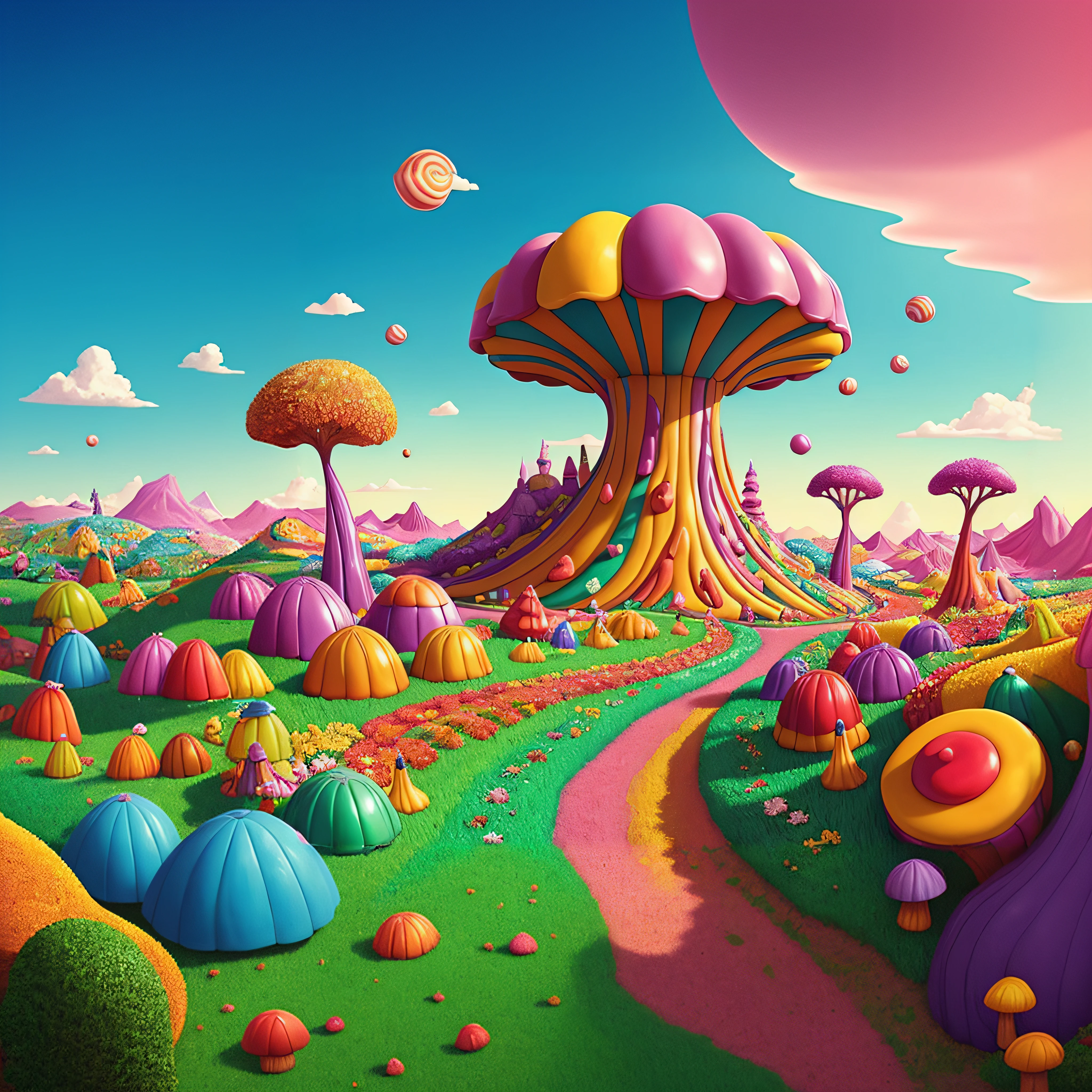 A close-up of a cartoon-style landscape with a mushroom tree, inspirado por Jacek Yerka, Bosque de dulces, Colorful illustration, whimsical fantasy landscape art, whimsical and psychedelic, Candyland, psychedelic illustration, Psychedelic landscape, surreal psychedelic design, en una casa estilo tierra de caramelos, Arte conceptual colorido, Tierra de caramelos, 3 d epic illustrations, psychedelic surreal art, Arte trippy