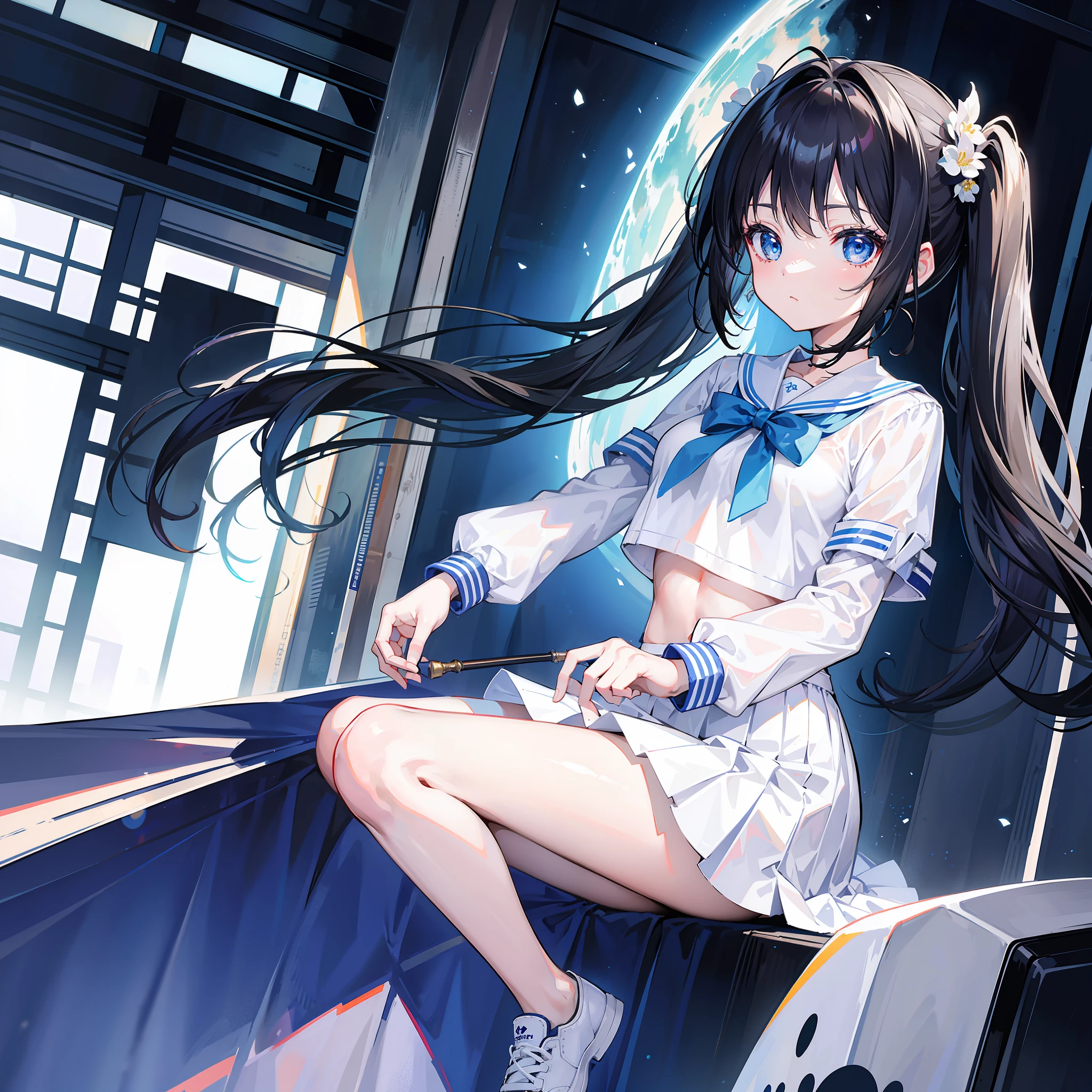 hoang lap、tmasterpiece、Best quality、Hyper-detailing、(Shiny skin)、Slim、Look at the audience、1girll、Solo、White polo shirt、White sneakers、white mini-skirt、long whitr hair、brunette color hair、eBlue eyes、动态照明、A high resolution、sharp fokus、depth of fields、little breast,()black hair, (twintails)