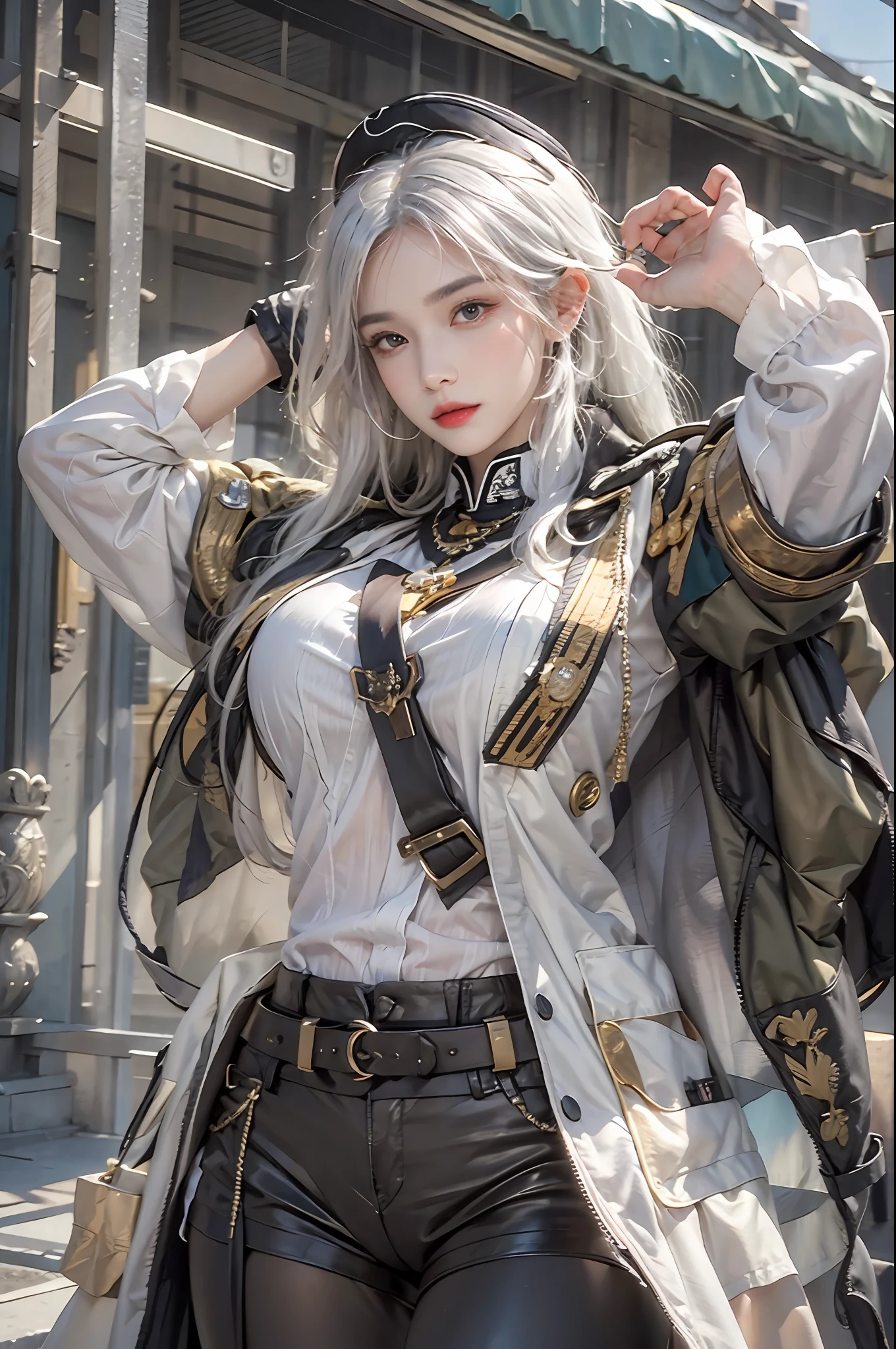 photorealistic, high resolution, 1women, solo, hips up, look at viewer, (detailed face), white hair, long hair, military uniform, jewelry