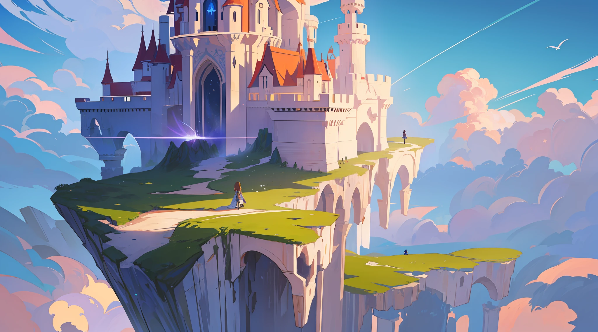 a girl on the edge of a cliff looking up, there awaits a flying castle far away in the sky, (ultra detailed, 8k, intricate, absurdres, lights, masterpiece, particles, concept art)