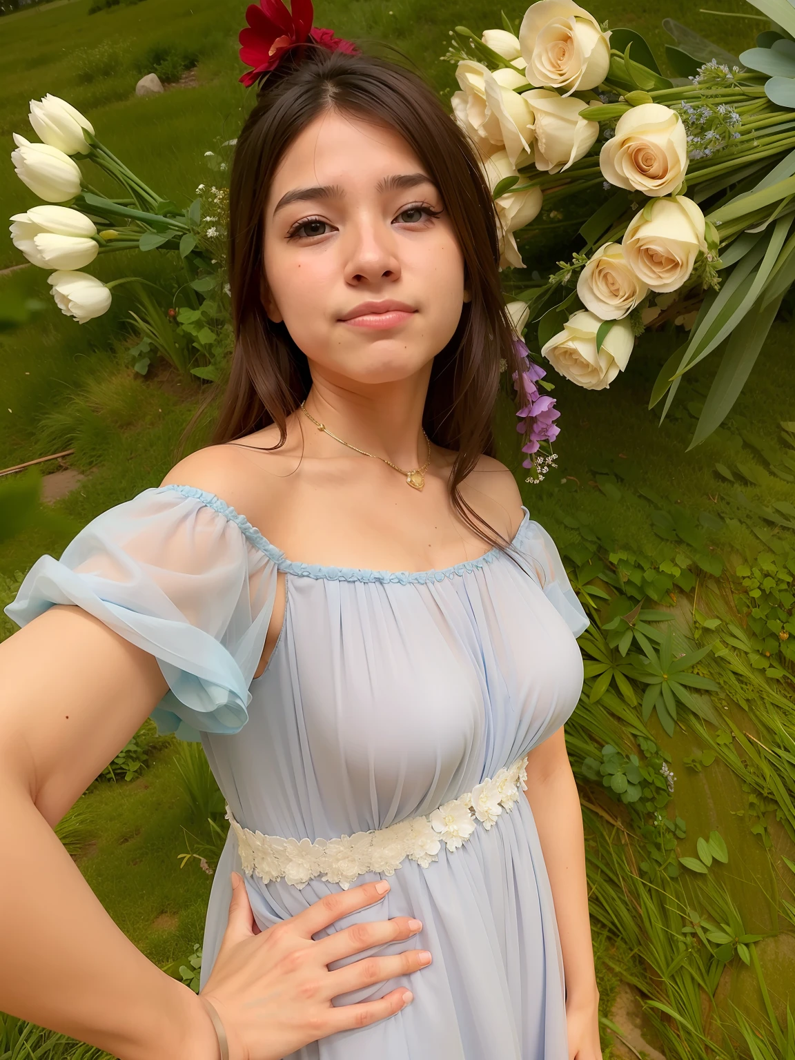 Blue dress holding a bouquet of flowers, princesa, usando um vestido lounge azul, no vestido brilhante da flor, 1 6 anos, Linda rainha, vestido detalhado e rosto, Tiro na Hora de Ouro, tem cerca de 1 6 anos de idade, Foto tirada com Canon 5D
