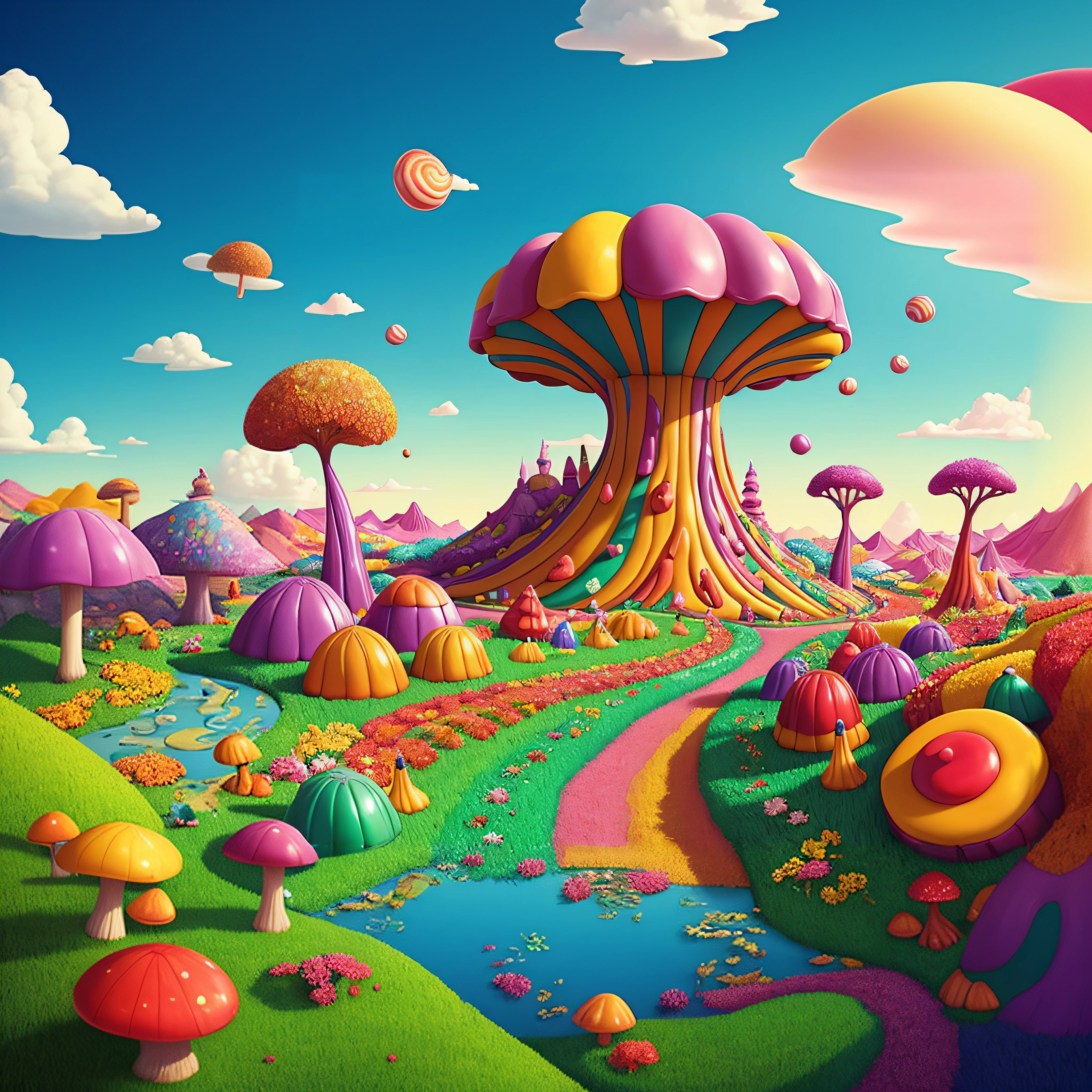 A close-up of a cartoon-style landscape with a mushroom tree, inspirado por Jacek Yerka, Bosque de dulces, Colorful illustration, whimsical fantasy landscape art, whimsical and psychedelic, Candyland, psychedelic illustration, Psychedelic landscape, surreal psychedelic design, en una casa estilo tierra de caramelos, Arte conceptual colorido, Tierra de caramelos, 3 d epic illustrations, psychedelic surreal art, Arte trippy