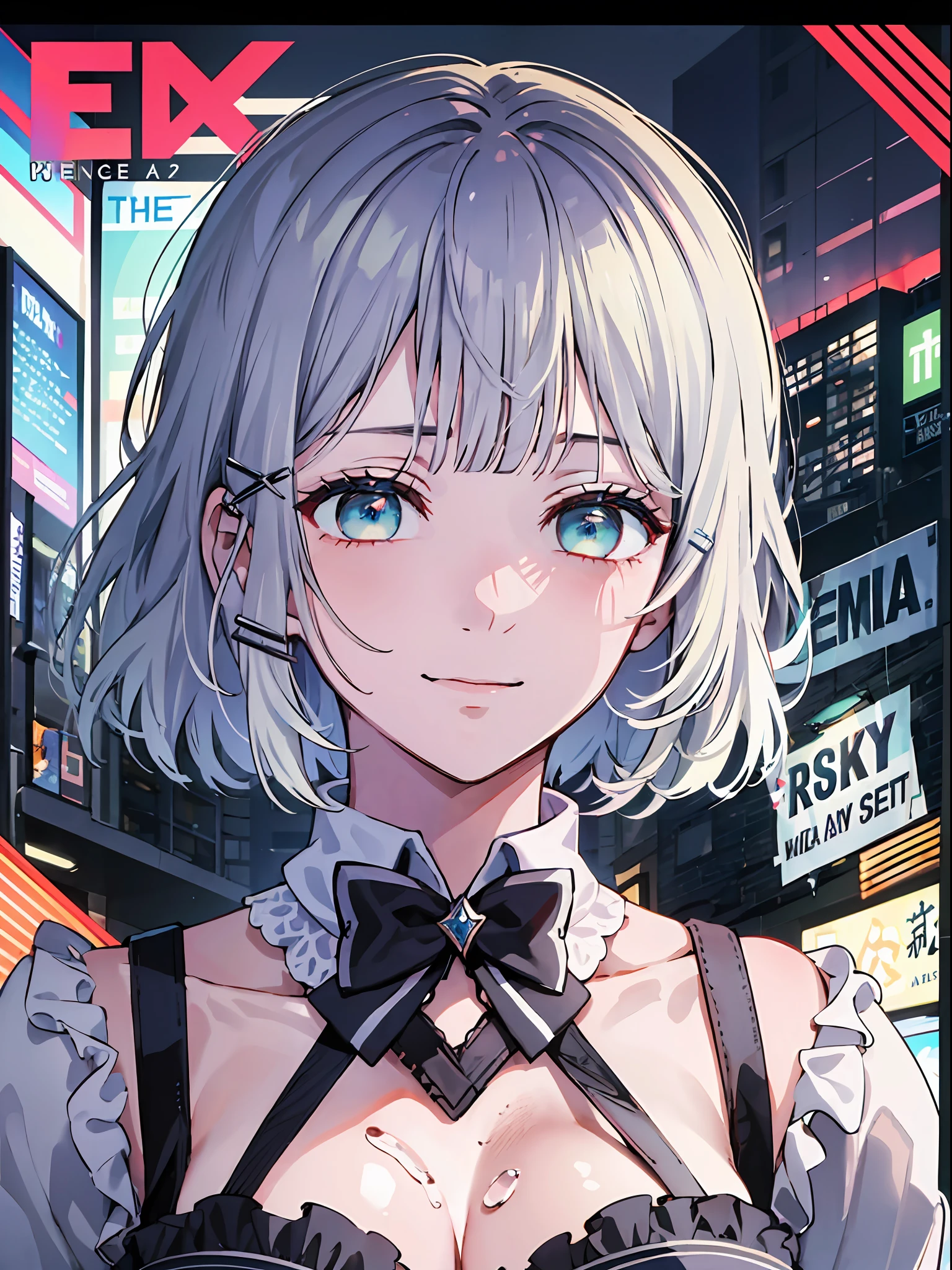 detectivesiesta, Smile, Short hair, Bangs, Blue eyes, Shirt, Hair Ornament, Long sleeves, Dress, Bow, White hair, hair clips, Blunt bangs, bowtie, Red bow, X Hair Ornament, red bowtie, siesta, (medium breasts:1.2), BREAK looking at viewer, BREAK outside, BREAK (masutepiece:1.2), Best Quality, High resolution, Unity 8k壁纸, (Illustration:0.8), (Beautiful detailed eyes:1.6), extra detailed face, Perfect Lighting, extremely details CG, (Perfect hands, Perfect Anatomy),((((Dramatic)))、(((gritty)))、(((vehement)))Movie poster featuring a young woman as the main character。She stands confidently in the center of the poster.、Wear stylish and edgy outfits、I have a determined look on my face。The background is dark and rough、Makes you feel danger and strength。Text is bold and attention-grabbing、Has a catchy tagline that adds to the overall sense of drama and excitement。The color palette is predominantly bright、There are splashes of bright colors、It gives the poster a dynamic and visually striking look。 (magazine:1.3), (cover-style:1.3), Fashionable, femele, with a vibrant, outfits, the pose, the front, Colorful, Dynamic, Background with, element, I'm confident, expresive, ngel, statement, accessorized, An majestic, coiled, surroundings, Touch, The scene, Texto, covers, It's bold, captures the attention, Titles, Stylish, Font, Catchy, headline, The large, Impressive, moderno, Trendy, Focus, lo fashion,shorth hair、Bob Hair、White hair、bright light blue eyes