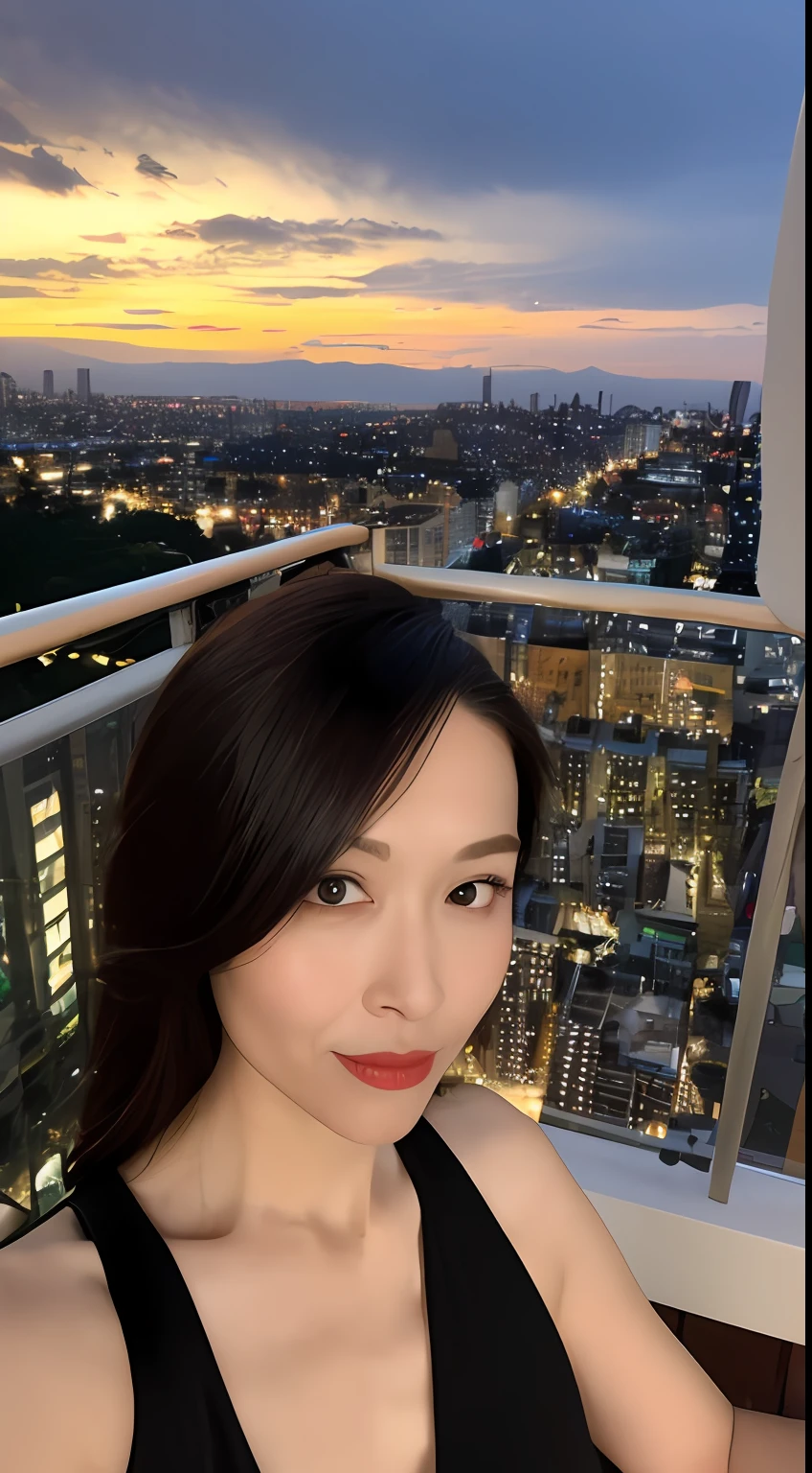 (Top Quality, 8K, Masterpiece: 1.3)), Selfie, Sharp Focus: 1.2, Cute Beauty with Perfect Figure: 1.4, Slim Big: 1.2, ((Brown-Black, Moderately Large Beautiful: 1.2)), (Small transparent dress, semi-, ultra-thin breasts, happy look, standing: 1.2), (Created mainly by women (night view of the rainy city, simple balcony: 1.3)), Highly detailed face and skin texture, detailed eyes, double eyelids, super sexy suspenders, transparent clothes, adult women