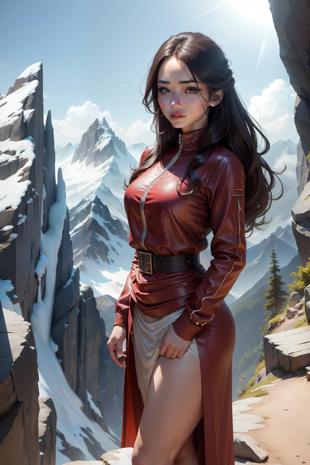 A beautiful woman stands at the top of a mountain