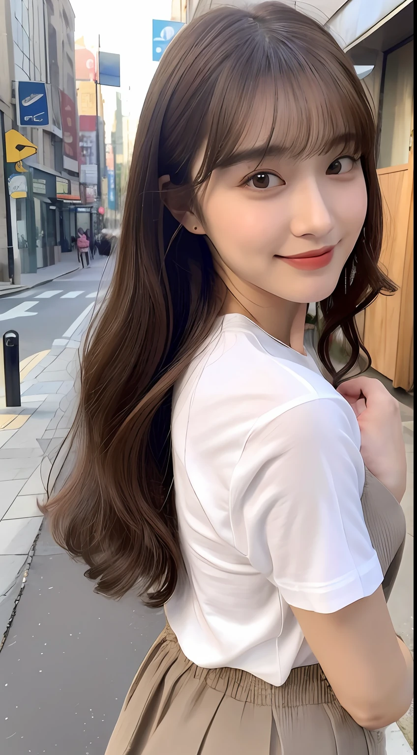 (8K、Raw photography、top-quality、masuter piece:1.2)、ultra-detailliert、ultra res、(realisitic、rialistic photo:1.37)、portlate、high-definition RAW color photography、Professional Photography、highly detailed and beautiful、ighly detailed、8K Picture Wallpaper、amazing detailed、huge filesize、Official art、Highly detailed CG Unity 8K wallpapers、highly detailed beautiful girl、extra detailed face、extremely detailed eye、highlydetailed skin、extremely detailed fingers、highly detailed nose、very detailed detailed mouth、Perfect Anatomy、highly detailed back ground、Highly detailed clothing、Realistic body、小柄、de pele branca、glistning skin、Slim body、Handsome body、brown haired、short constricted curly hair、(Blunt bangs:1.2)、A smile、kawaii、zora々Right、kawaii faces、Lifelike face、Delicat eyes、Sauce order、White T-shirt、skirt by the、耳Nipple Ring、Looking at the camera、cowboy shot、front facing、Standing、Contrapo, high street, public, 动态照明,No bangs、Center Part、Korean style、forehead