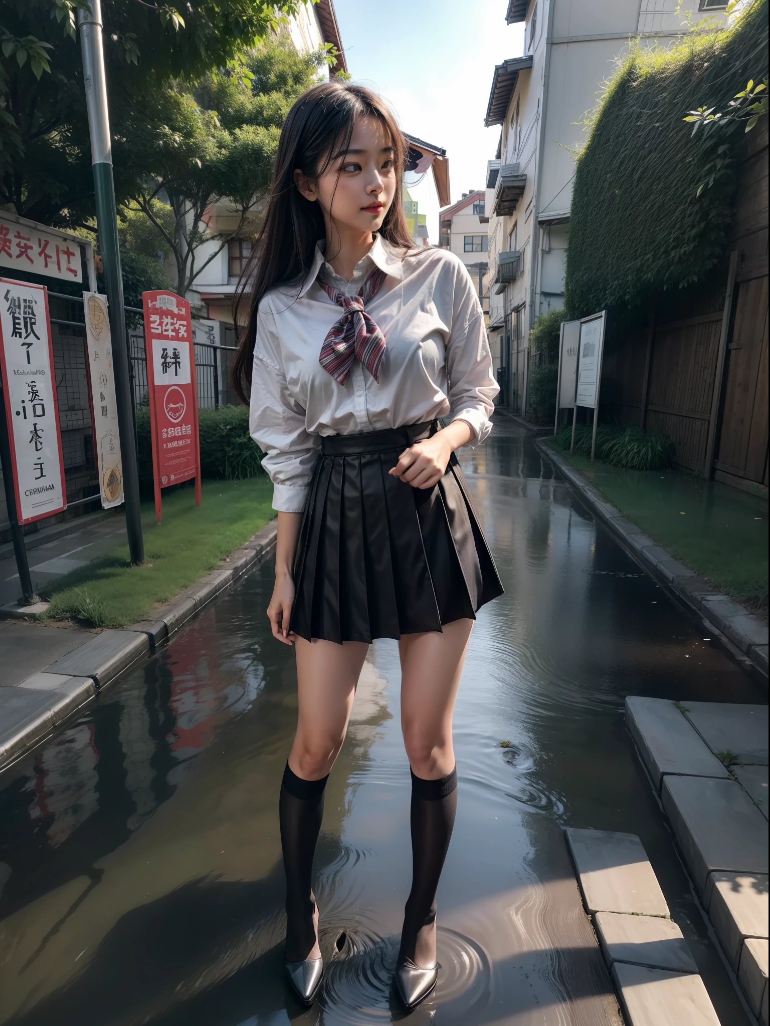 Splitting characters is prohibited，(Full body shot:1.3), Must show your face, anatomy correct, Playground during the day，There is standing water，High heels must be worn,Dressing stockings are mandatory, Yellow Japan JK Student Uniform， A shallow laugh, Complex and diverse backgrounds，Strangling effect,hyper HD, Ray traching, structurally correct, Award-Awarded, high detal, lightand shade contrast, Face lighting，cinmatic lighting, tmasterpiece, super detailing, high high quality, high detal, best qualityer, 16k