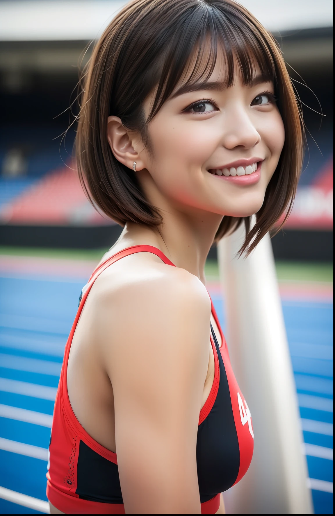 (((full bodyesbian)))、Rear view、japanese beauty girl、((Short-cut hairstyles))、Perfect style、track and field uniform、beauty legs、kawaii、((Track & Field Athletes Women))、(((1人)))、((stadium))、Transcendent cute、A slight smil、Beautiful breasts、full bodyesbian、athletic field、((Outstanding style))、((Healthy body))、 Photorealsitic、Beautiful detailed eyes、Hyper-Realism、highcontrast、Ultra HD、realistic skin textures、Top image quality、top-quality、超A high resolution、Fine details、Very meticulously