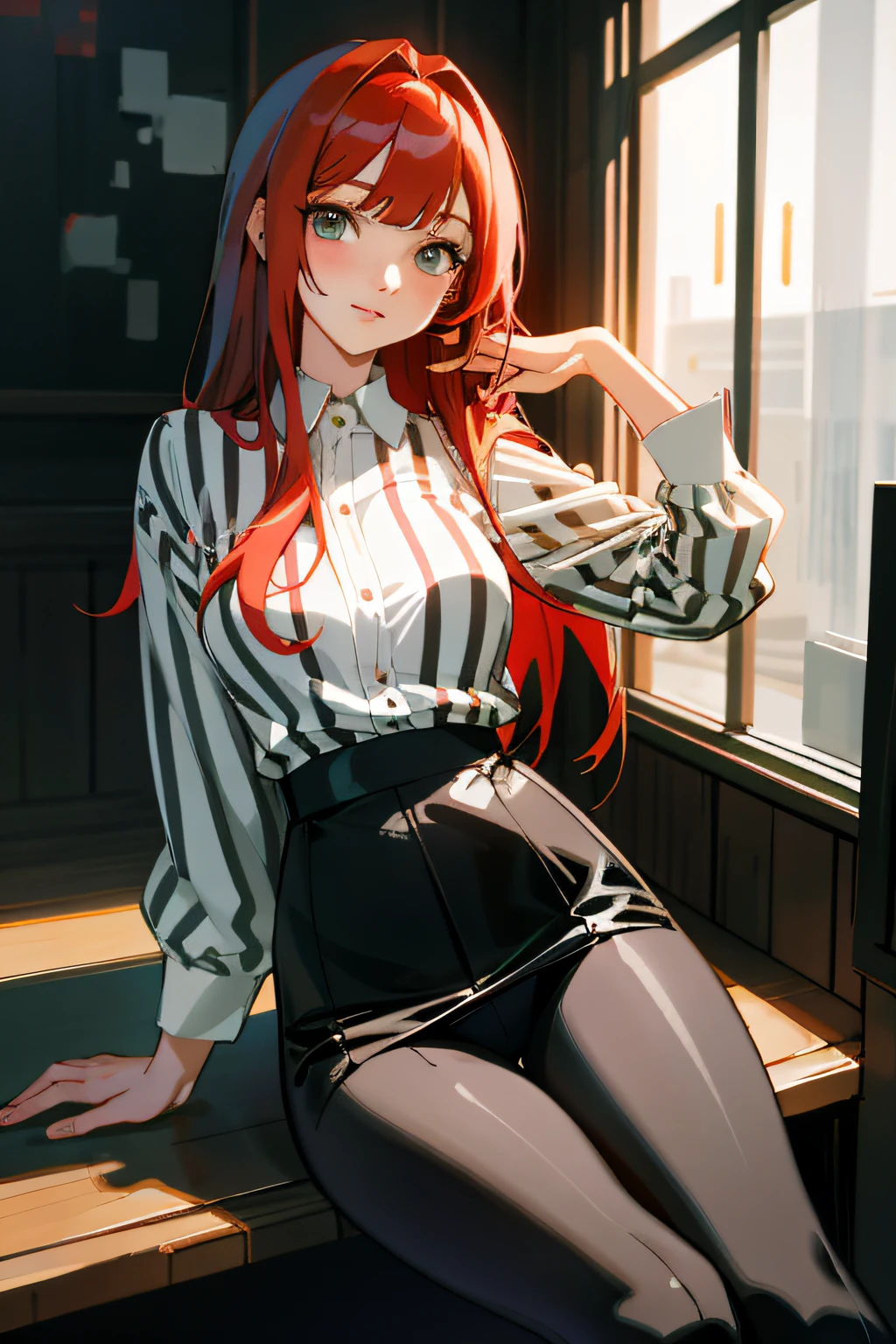 Anime girl sitting in a cell，black pantyhoses，锁链，cage，Red hair and black and white striped shirt, seductive anime girls, drawn in anime painter studio, urban girl fanart, Casual pose, realistic anime artstyle, [ 4 K digital art ]!!, anime realism style, made with anime painter studio, Fully clothed. painting of sexy, Guviz-style artwork, Marin Kitagawa fanart