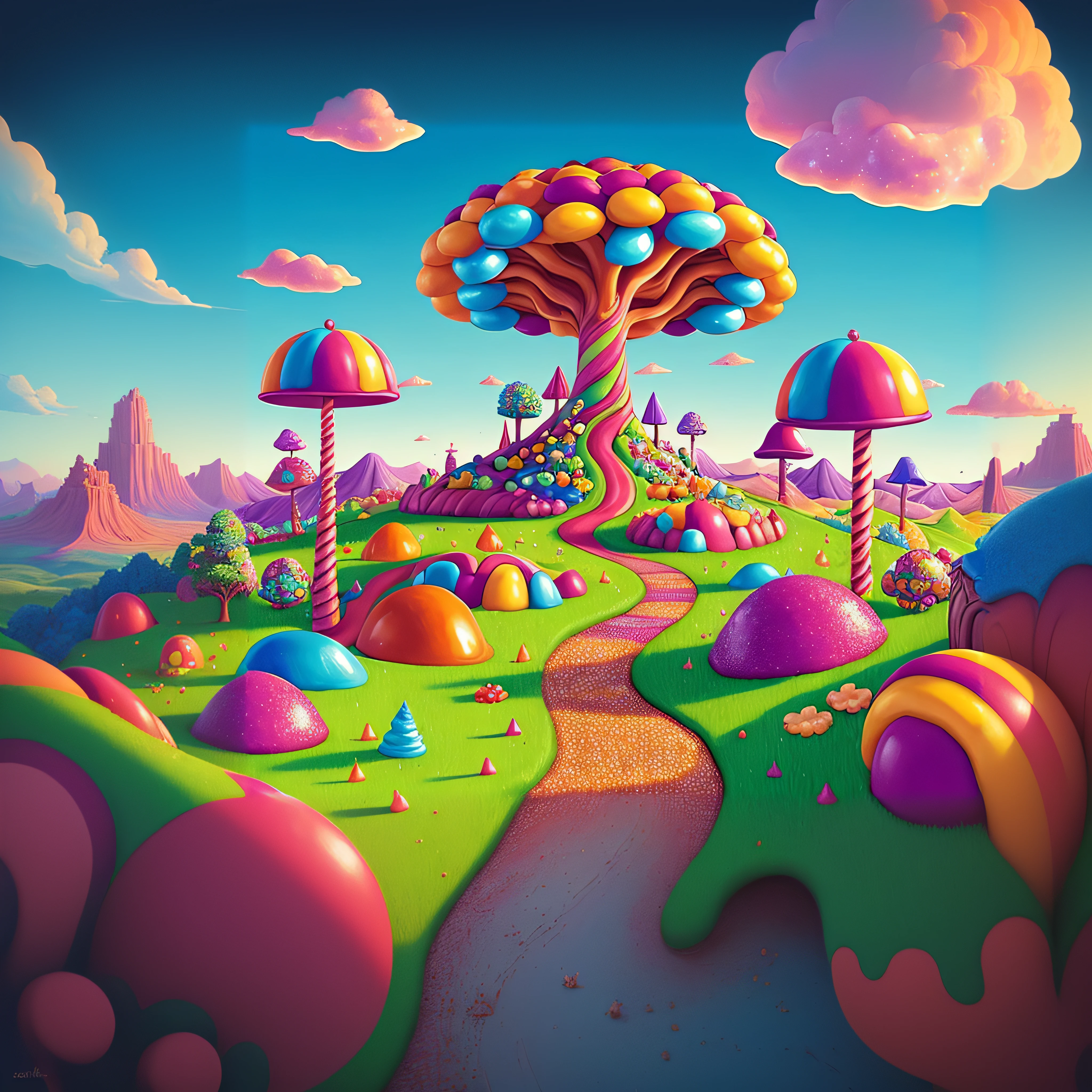 A close-up of a cartoon-style candy land with a tree, Bosque de dulces, Psychedelic landscape, inspirado por Jacek Yerka, Jen Bartel, psychedelic illustration, Colorful illustration, Arte trippy, Tierra de caramelos, psychedelic art style, whimsical fantasy landscape art, Candyland, whimsical and psychedelic, Arte conceptual colorido, ANGUS MCKIE, a beautiful artwork illustration, Por Justin Gerard