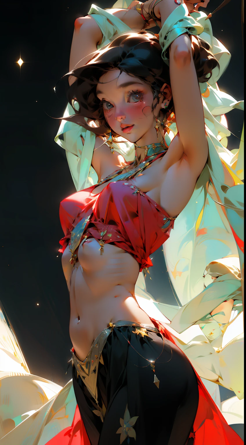 A delicate girl, under the starry sky, dressed in revealing and gorgeous attire, revealing her white armpits and plump breasts. Her golden brown short hair is messy and tied up, with a high ponytail. Her skin is slightly tanned and rough, but exudes a wild charm. Her eyes were full of exotic charm, gently licking cherries, revealing a hint of nostalgia. The figure is tall and slender, with a charming temperament and a mature yet girlish appearance.,exotic_dance