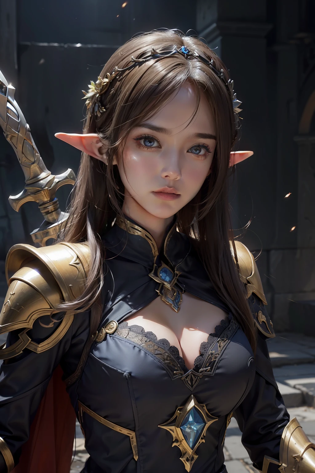 (Award-winning digital artwork:1.3) af (sketching:1.3),(with dynamism:1.3),(Saturation:1.3),(Close portrait:1.3),(femele:1.4),(big breasts beautiful: 1.4),(carismatic:1.3),Elven army,There are men and women,Heavy armor,diadems,complex patterns,complex patterns,Perfect Detailed Eyes,The background is the dungeon,Film filter, ,dramatics,dynamicposes,Fighting posture,illusory engine, (High detail: 1.9),mystic symbols,((Glowing sword)),((Glowing scepter))