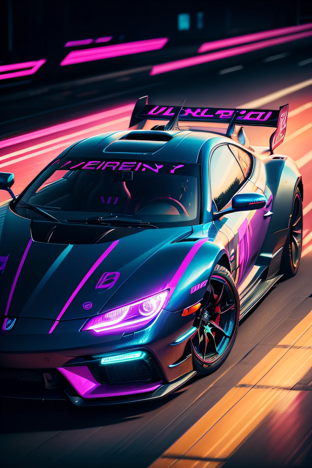 a close up of a car driving on a track with neon lights, neon cyberpunk vibrant colors, ultraviolet and neon colors, cyberpunk vibrant colors, wallpaper 4k, wallpaper 4 k, neon cyberpunk colors, neon scales and cyborg tech, stylized neon, masterpiece epic retrowave art, neon light and fantasy, epic retrowave art, cyberpunk car, need for speed