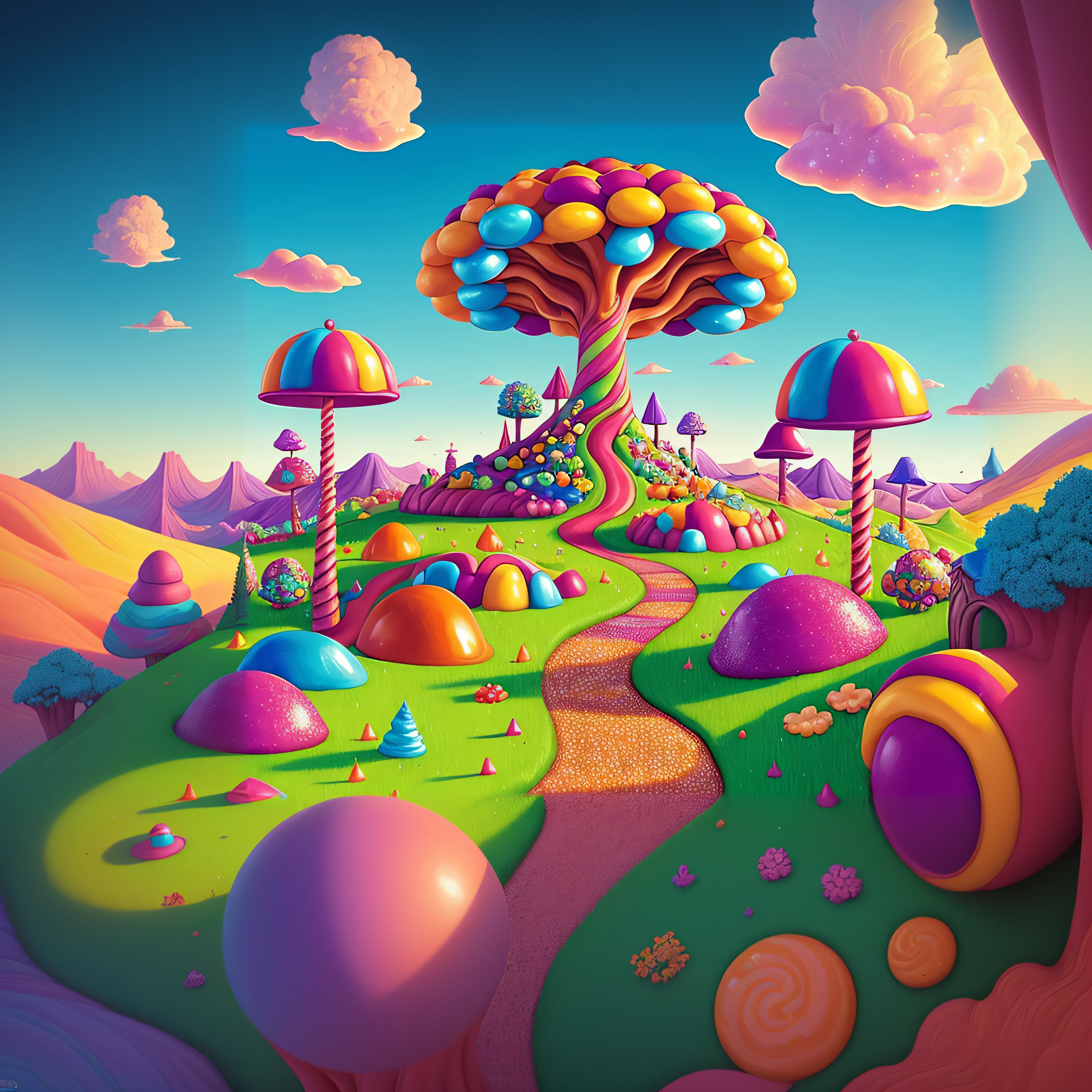 A close-up of a cartoon-style candy land with a tree, Bosque de dulces, Psychedelic landscape, inspirado por Jacek Yerka, Jen Bartel, psychedelic illustration, Colorful illustration, Arte trippy, Tierra de caramelos, psychedelic art style, whimsical fantasy landscape art, Candyland, whimsical and psychedelic, Arte conceptual colorido, ANGUS MCKIE, a beautiful artwork illustration, Por Justin Gerard