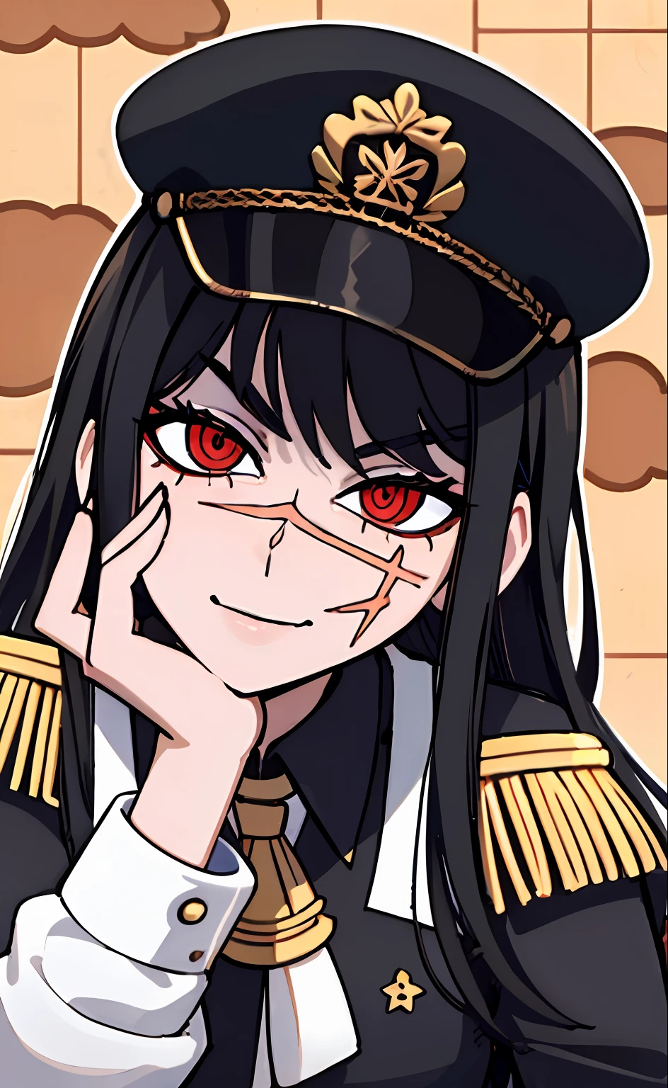 (masterpiece, best quality: 1.2), Solo, 1girl, Yoru \(Chainsaw Man\), looking at the viewer, different poses, red eye, long hair, completely black hair, reference to clothing of a German WWII general, black long sleeves (best quality), scar on face, beautiful eyes, has only 2 arms, has war medals on his clothes, Black Military Cap, Golden Eagle Medal on Clothing, (Wallpaper), (8K HD), (8K HD), Golden Shoulder Pads, Sprites, 1 Single Design (masterpiece, best quality: 1.2), Solo, 1girl, Yoru \(Chainsaw Man\), looking at the viewer, smile, happy, different poses, red eye, long hair, completely black hair, reference to clothing of a German WWII general, black long sleeves (best quality), scar on face, beautiful eyes, has only 2 arms, has war medals on his clothes, black military cap, golden eagle medal on clothing, (wallpaper), (8K HD), (8K HD), (8K HD), golden shoulder pads, sprites, 1 single design
