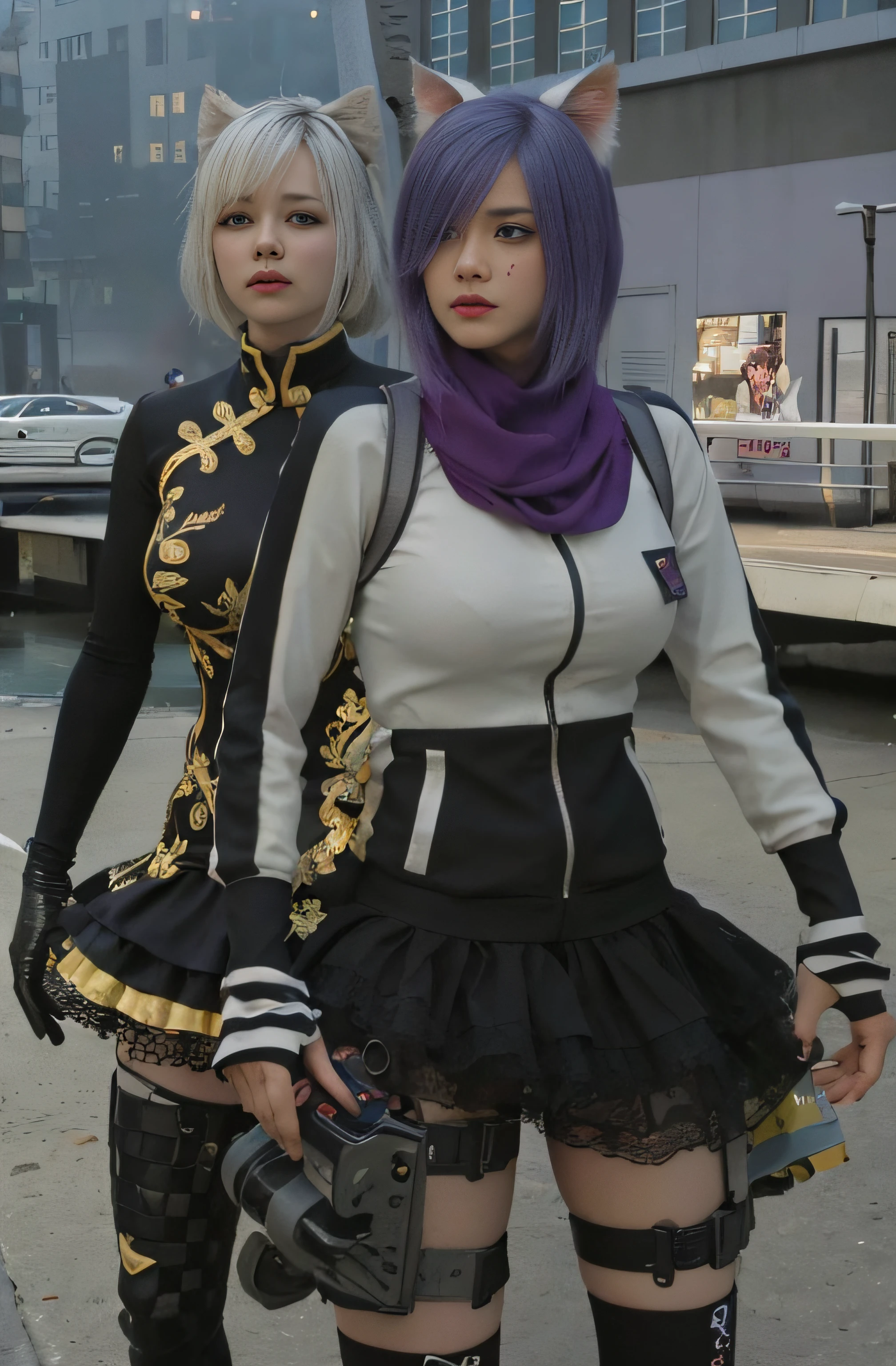 There are two women dressed in costumes rising from each other, Nixeu e Sakimichan, Captura de tela de jogabilidade de moda, medium shot of two characters, Avatar do Second Life, 2b, 2 b, KDA e Sam Yang, black-white skintight robes!, vestido com roupas crustpunk, roupas roxas e pretas, jrpg moda, estilo de jogo square enix, Motor irreal : : maquiagem, Retrato de Jinx de Arcane, menina atraente, gatinha, gatinha jovem bonita, com o rosto muito detalhado,