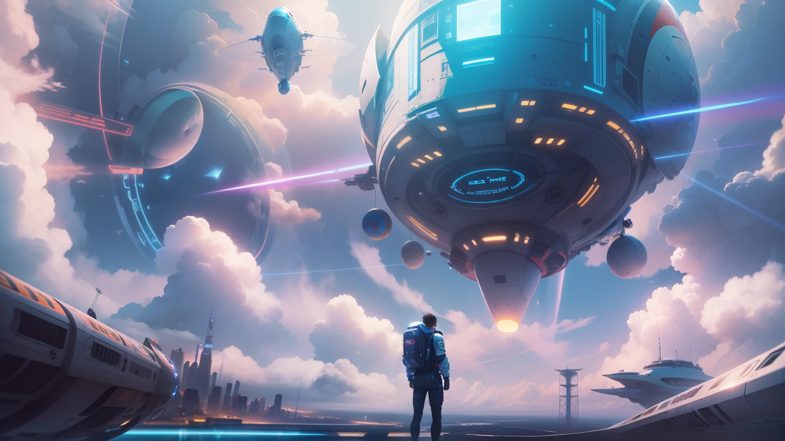 Above the clouds in the sky,Upside-down city,Mysterious sense of technology,blueglow,A futuristic,Ambilight,reflections and refractions,Strange flying machine,Laser spacecraft,A man in a spacesuit hangs in the air,Over-the-shoulder shot,ultra-realistic realism,hoang lap,Unrealistic fantasies,Edvige Faini style