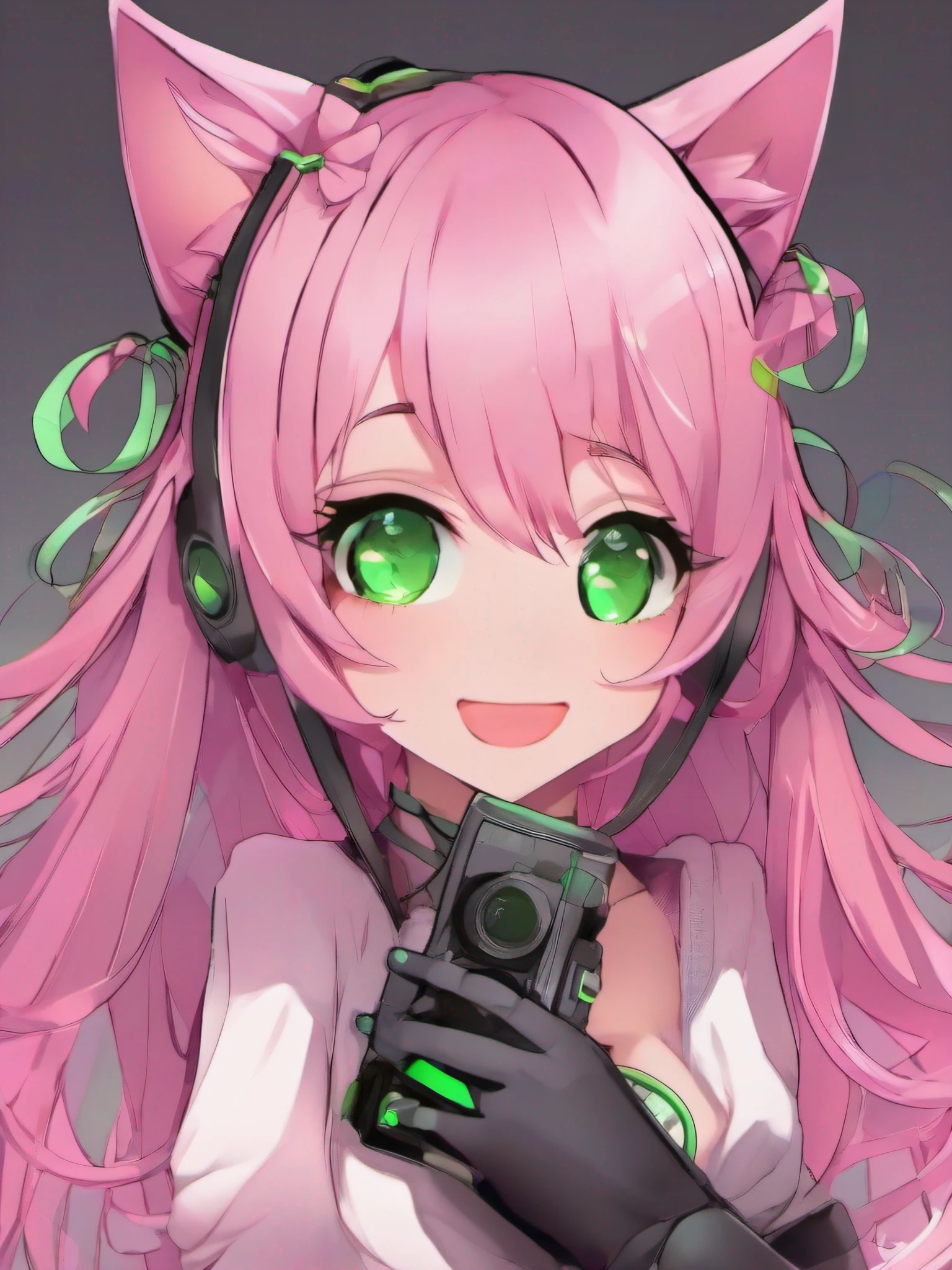 Girl cute naked grimace, green pupils, rubber bands on hands, pink hair, with kitten collars
