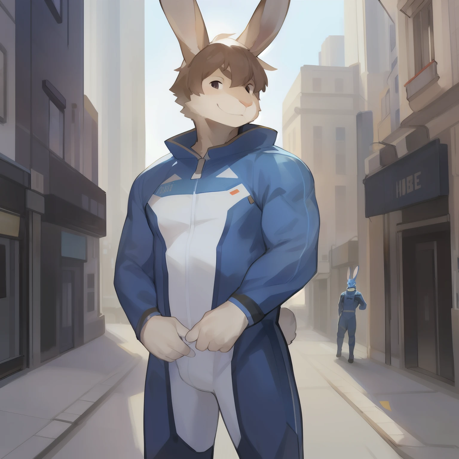 Solo, male, hair, blue military spacesuit, posing for a photo in a city, smiling, by bebebebebe, short hair, ((snout)), standing, (muscular, buff, powerful), rabbit, hare,