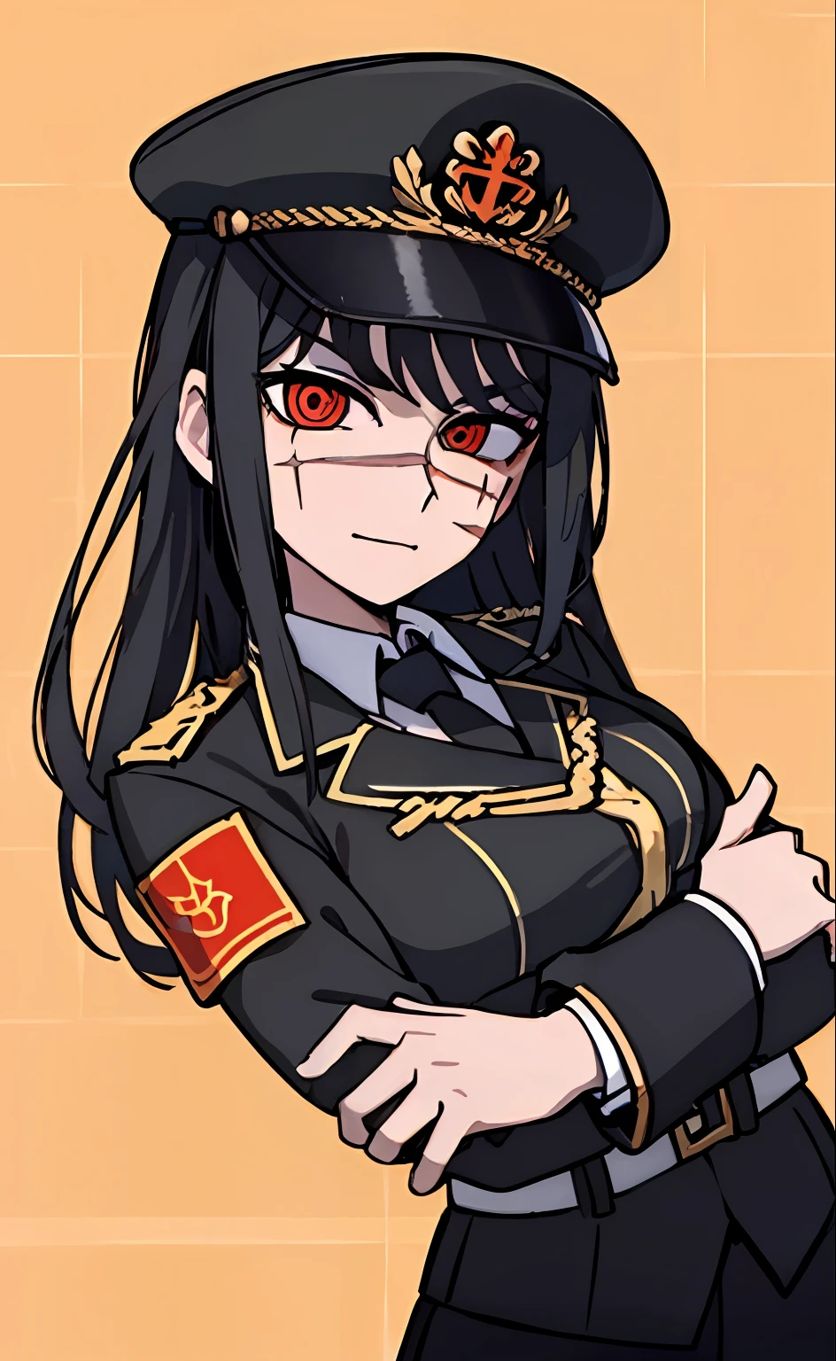 (masterpiece, best quality: 1.2), Solo, 1girl, Yoru \(Chainsaw Man\), looking at the viewer, different poses, red eye, long hair, completely black hair, reference to clothing of a German WWII general, black long sleeves (best quality), scar on face, beautiful eyes, has only 2 arms, has war medals on his clothes, Black Military Cap, Golden Eagle Medal on Clothing,  (Wallpaper), (8K HD), (8K HD), Golden Shoulder Pads, Sprites, 1 Single Design (masterpiece, best quality: 1.2), Solo, 1girl, Yoru \(Chainsaw Man\), looking at the viewer, smile, happy, different poses, red eye, long hair, completely black hair, reference to clothing of a German WWII general, black long sleeves (best quality), scar on face,  beautiful eyes, has only 2 arms, has war medals on his clothes, black military cap, golden eagle medal on clothing, (wallpaper), (8K HD), (8K HD), (8K HD), golden shoulder pads, sprites, 1 single design