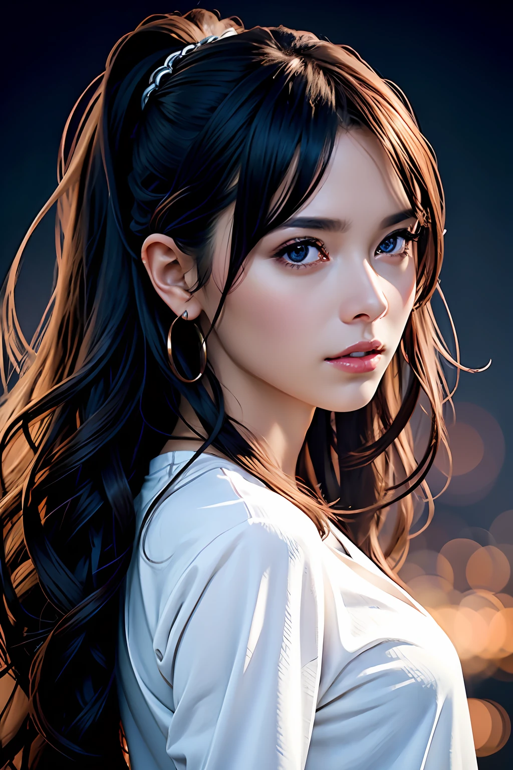Ultra-detailed complex 3D rendering of face, (Colossal: 8.8), (masterpiece, top quality, octane rendering, 8K), glamour shot full body image, very beautiful young elf, cleavage, (very detailed skin: 1.2), (exposure: 1.1), brown-haired, ((wearing a plummeted open shirt of white silk: 1.10)), beautiful Caucasian woman with black skin with full soft breasts with big buttocks, Single, long braided hair, big breasts, dynamic angle, mystical expression, ultra-realistic photo, (((portrait)))), bare feet, futuristic urban background, facial muscles, detailed and beautiful queen gold crown, in the style of Marvel Comics, ArtStation trends, clear focus, studio photography, intricate details, very detailed, detailed red eyes, very detailed, Sharp Focus, Digital Rendering, Professional, Abs, Dark Grey Background,
