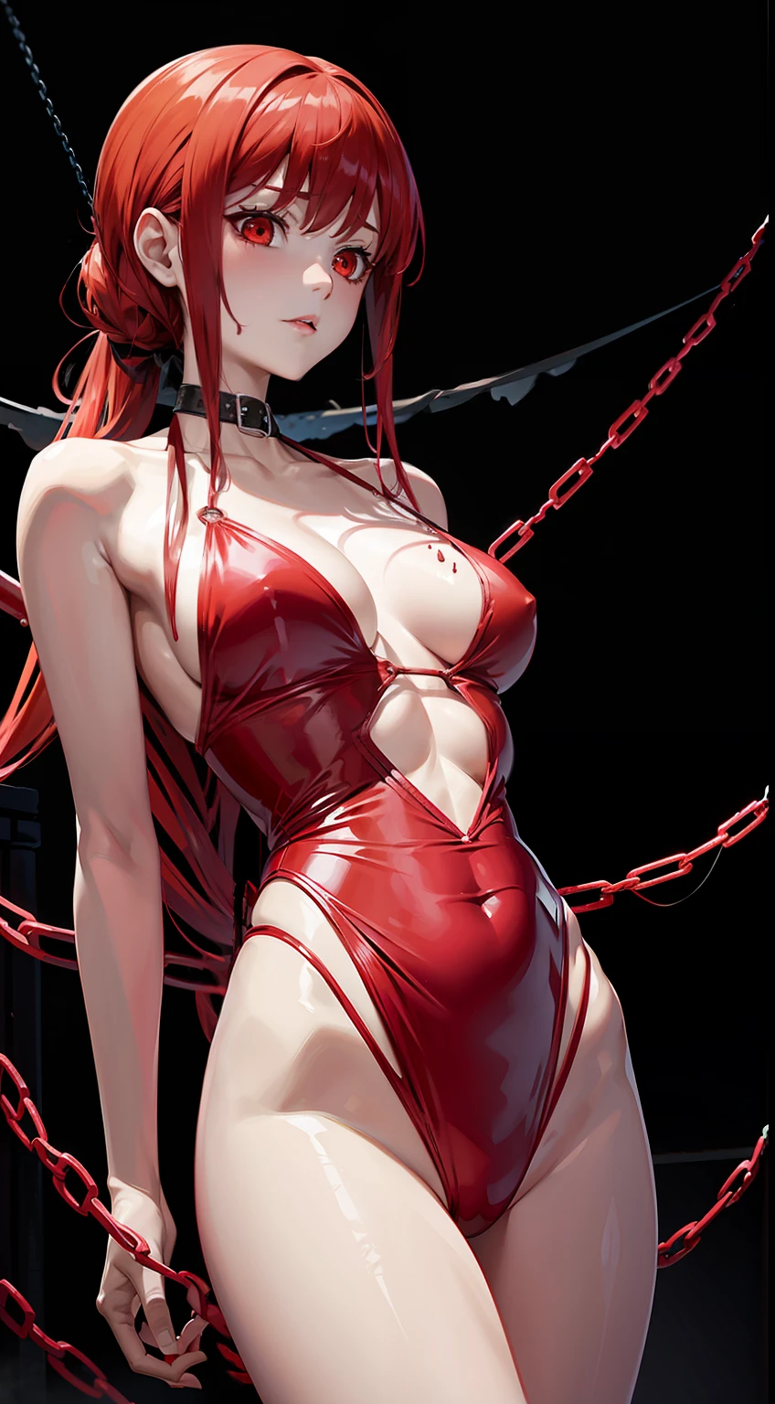 Red Girl Demon，Thin swimsuit，Complete redness of the skin，Octopus tentacles spit out of its mouth，Tighten the black rope，whips，Iron chains are wrapped around the body，