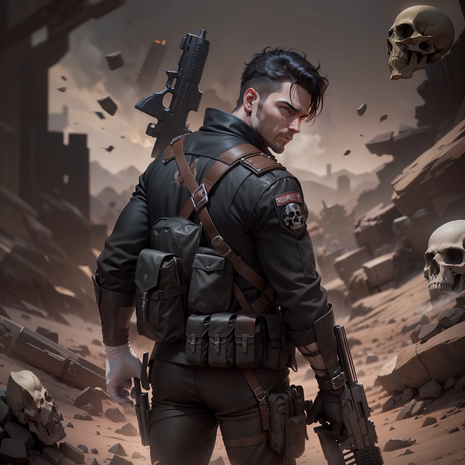 (High res, best quality, masterpiece) adult male, (solo male) harsh lighting 4k, dramatic lighting 4k, full body, athletic build, muscular, rugged look, serious expression, short black hair, brown eyes, (detailed eyes), face: blood stain, (holding, guns: pistols), gripping_handle, (detailed hands), bulletproof vest, ((white skull_chest)), ((gloves: black)), shirt: black, graphic T: skull, boots: brown, an army of shadows surround him as he stands in the middle of a large battlefield, he is holding two guns in the palm of his hands as he walks through the difficult terrain, barren wasteland