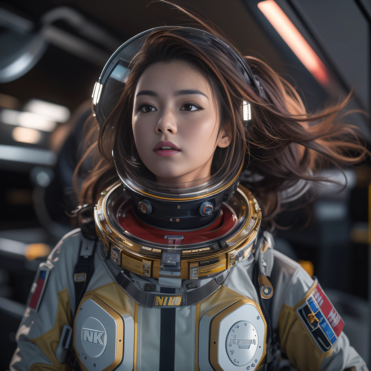 16k, RAW photo, Top quality，A half body，Lateral face，Look up at the perspective, Masterpiece（hyper HD）brunette color hair，outerspace， （realisticlying：1.4），Spacesuit， A high resolution， the detail， RAW photogr， Sharp Re， Nikon D850 Film Stock Photo by Jefferies Lee 4 Kodak Portra 400 Camera F1.6 shots, Rich colors, ultra-realistic vivid textures, Dramatic lighting, Unreal Engine Art Station Trend, cinestir 800，