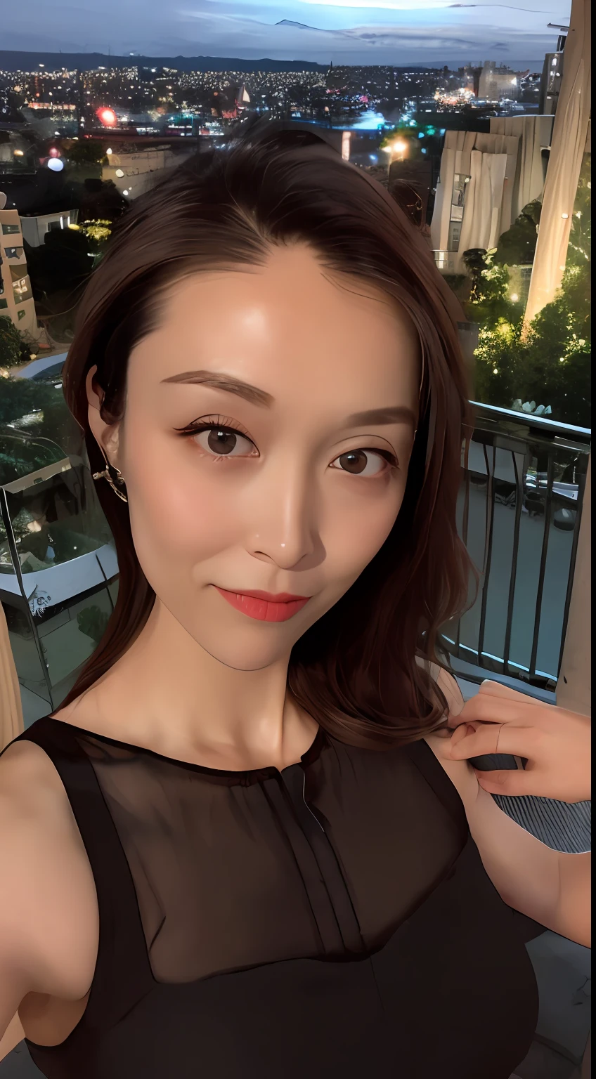 (Top Quality, 8K, Masterpiece: 1.3)), Selfie, Sharp Focus: 1.2, Cute Beauty with Perfect Figure: 1.4, Slim Big: 1.2, ((Brown-Black, Moderately Large Beautiful: 1.2)), (Small transparent dress, semi-, ultra-thin breasts, happy look, standing: 1.2), (Created mainly by women (night view of the rainy city, simple balcony: 1.3)), Highly detailed face and skin texture, detailed eyes, double eyelids, super sexy suspenders, transparent clothes, adult women