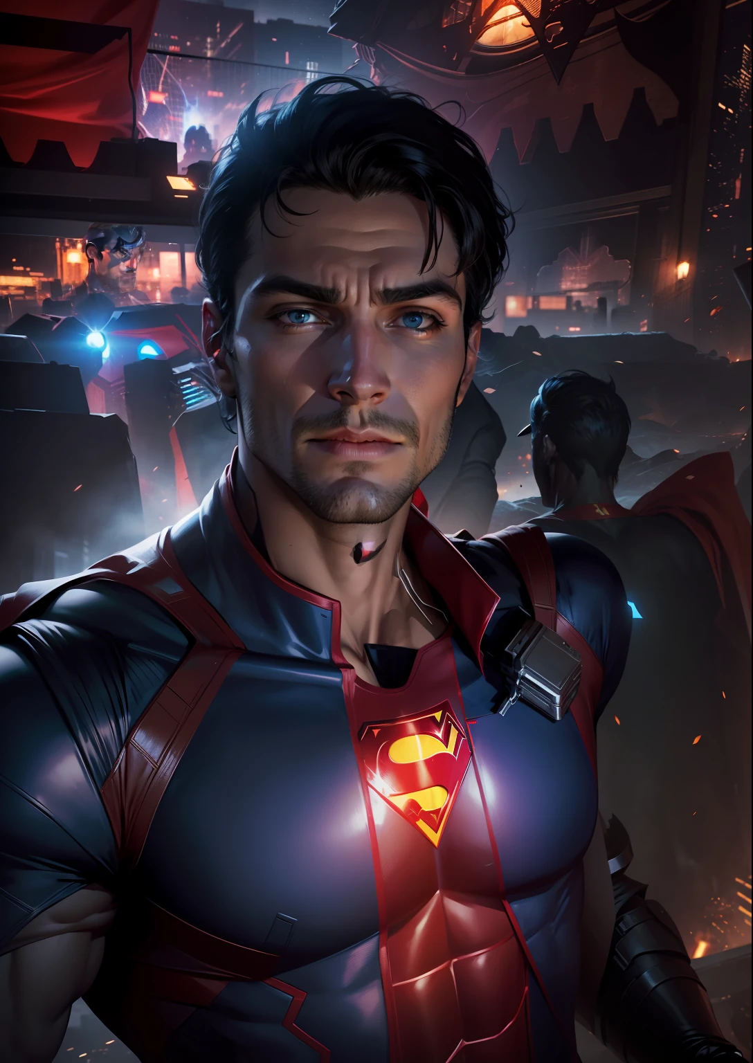 As darkness envelopes our world, a futuristic Superman emerges as our last hope. Superman's latest tech suit, empowered by Al, redefines superhero excellence and my original face, 4k photo