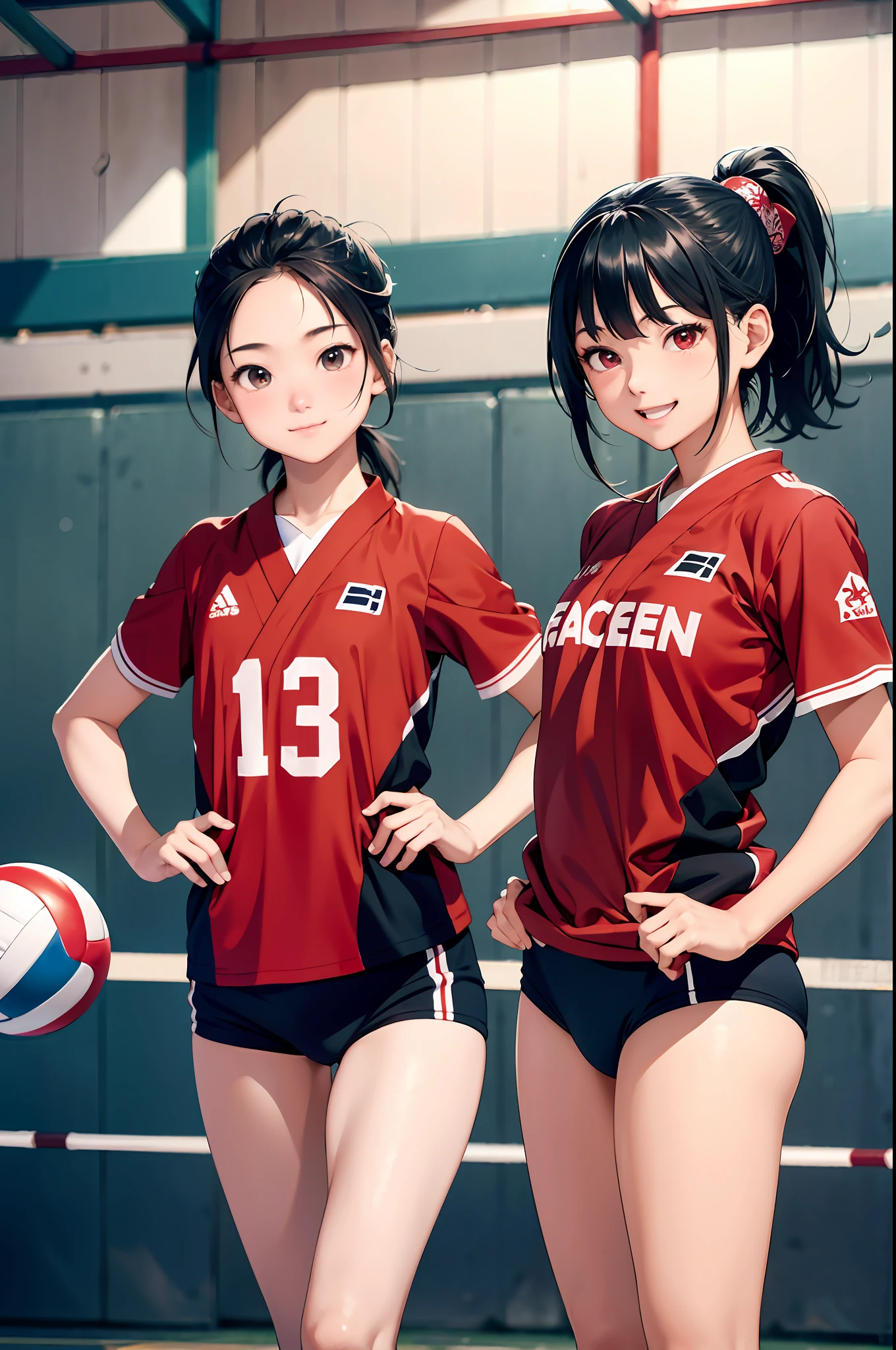 (top-quality、in 8K、32K、masterpiece、nffsw、超A high resolution、Impresionismo、Photorealsitic:1.2)、Full body, Inside the gymnasium、Volleyball Court、beauitful face、blurry backround、-yeld beiful girl、shinny skin、bob cuts、Beautiful black hair、Red Eyes、(Hachimaki:1.2)、Volleyball Uniforms、Curve、dynamicposes、Smile with open mouth、Two girls