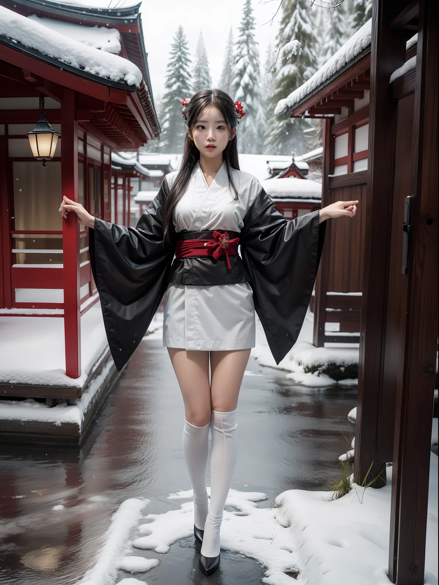 Splitting characters is prohibited,(Full body shot:1.3), Must show your face, anatomy correct, Lakeside during the day,There is snow,High heels must be worn,Dressing stockings are mandatory, Japanese kimono of any color, A shallow laugh, Complex and diverse backgrounds,Strangling effect,hyper HD, Ray traching, structurally correct, Award-Awarded, high detal, lightand shade contrast, Face lighting,cinmatic lighting, tmasterpiece, super detailing, high high quality, high detal, best qualityer, 16k