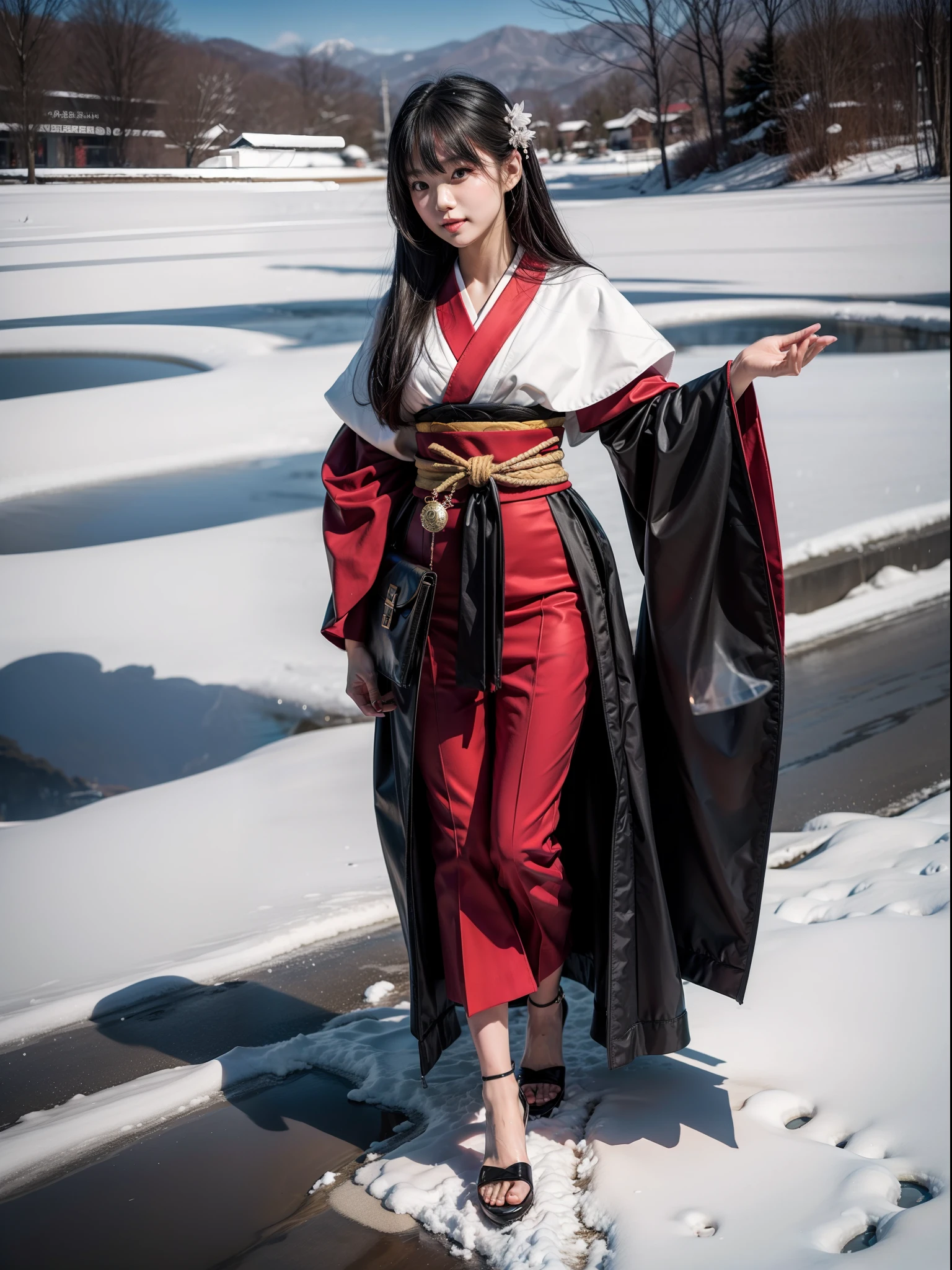 Splitting characters is prohibited，(Full body shot:1.3), Must show your face, anatomy correct, Lakeside during the day，There is snow，High heels must be worn,Dressing stockings are mandatory, Japanese kimono of any color， A shallow laugh, Complex and diverse backgrounds，Strangling effect,hyper HD, Ray traching, structurally correct, Award-Awarded, high detal, lightand shade contrast, Face lighting，cinmatic lighting, tmasterpiece, super detailing, high high quality, high detal, best qualityer, 16k