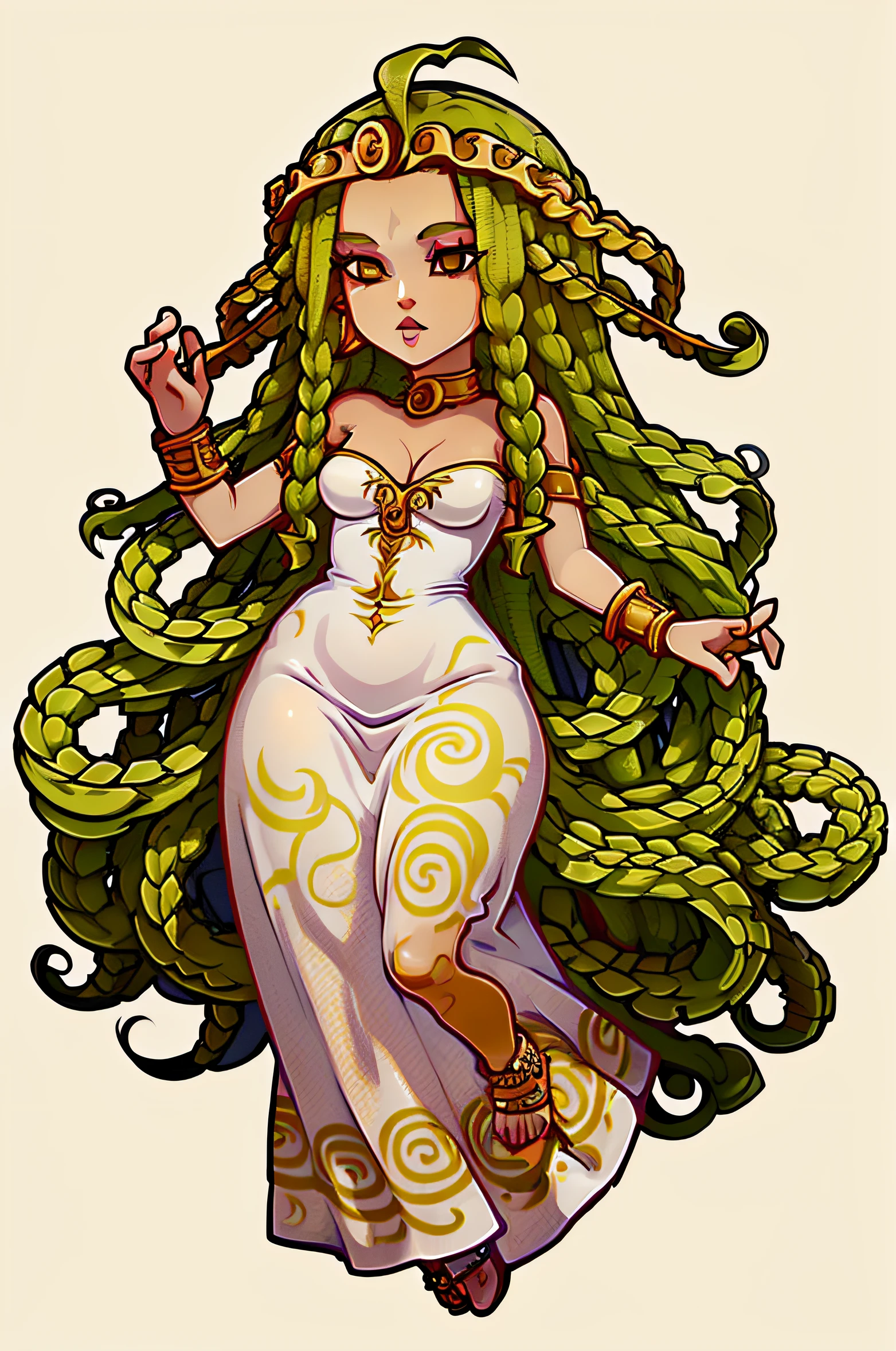 Medusa com olhos amarelos, cabelo de medusa, detalhes dourados no vestido e diadema dourado.