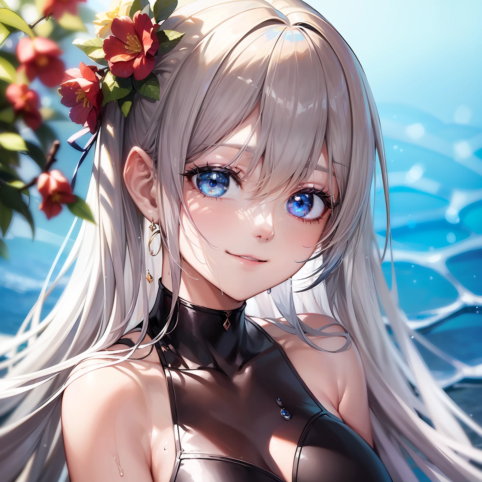 ((top-quality、8K、masterpiece:1.3))、a beauty girl、1 female、white hair、Blue eyes、Blue pupil、爆乳:1.3、Slender body type:1.1、Toned abs、Happy smiling face、dark brown hair、(swimming pools、a wet body、Wearing erotic:1.1)、hyperdetailed face、Detailed lips、A detailed eye、二重まぶた