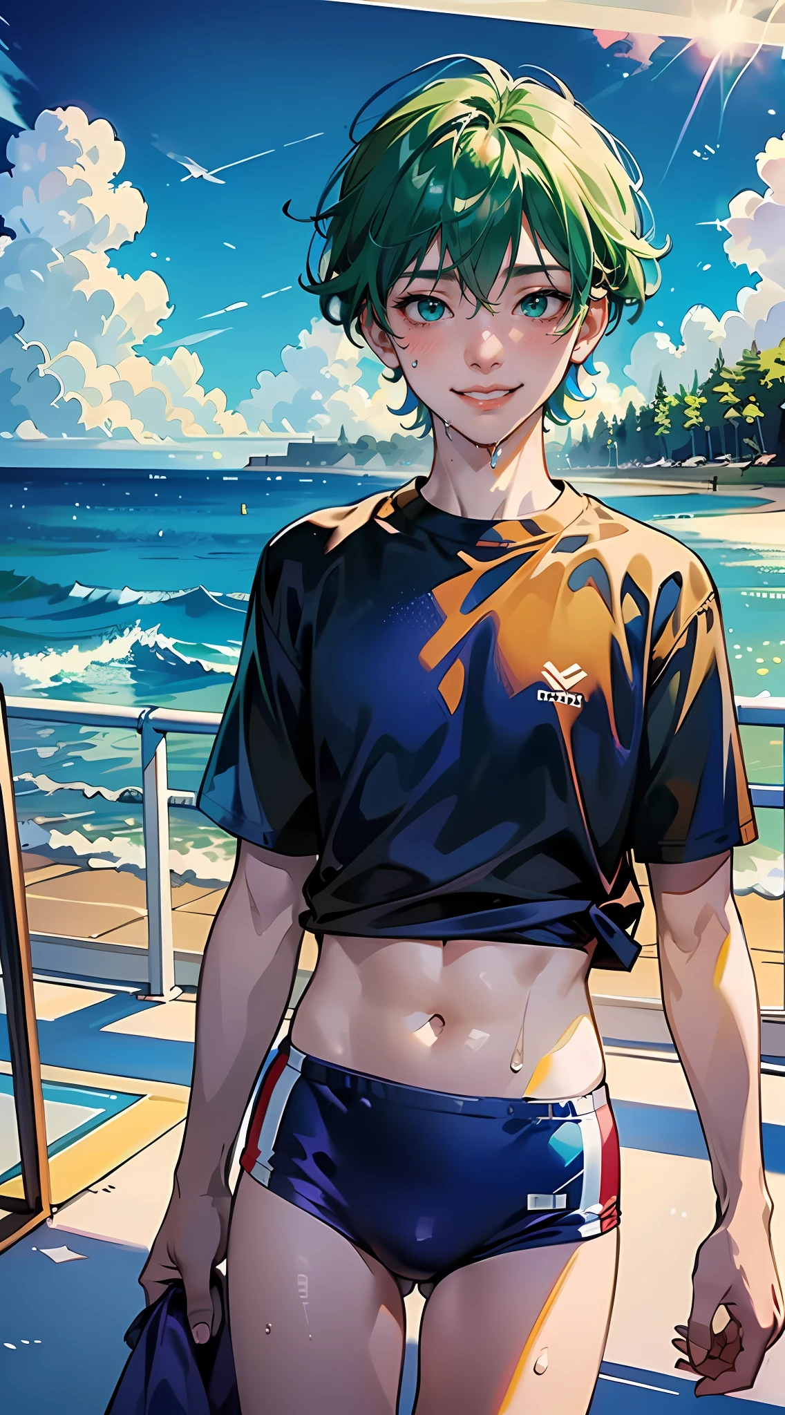 ((masutepiece:1.4, Best Quality)),((masutepiece, Best Quality)), boy running on calm sea beach,short green hair,Green eyes,swim wears,Wet face or swimsuit,blush,Happy smile,Blue sky,Horizon,, water dripping,Lens Flare,Magnificent view,(chromatic abberation:1.3),Dynamic Angle,(Cowboy Shot:1.3),Looking at Viewer、Skysky