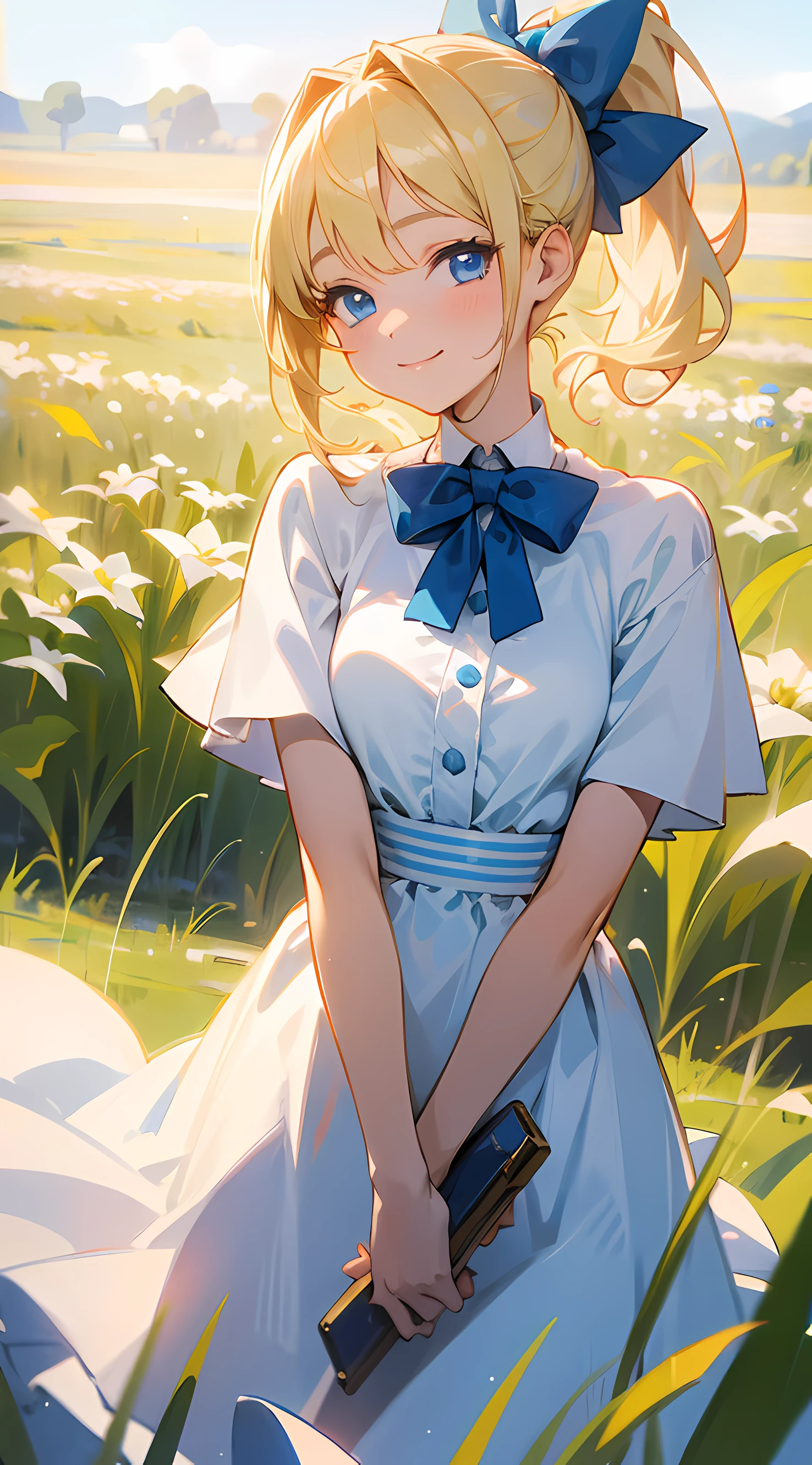 1girl, blonde hair, white dress, blue eyes, smile, side ponytail, hair bow, blue bow, field, high res, looking at viewer