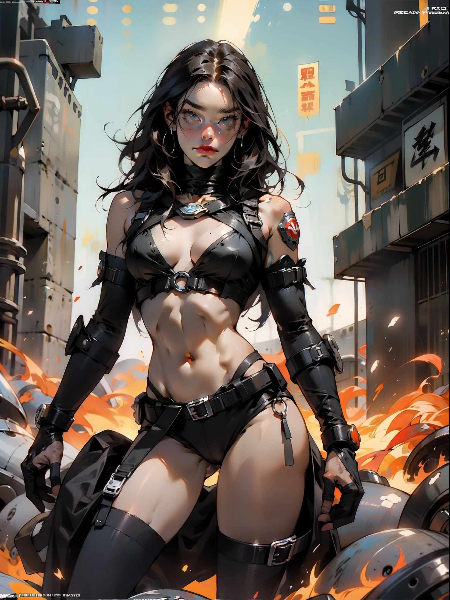 A post-apocalyptic warrior, a 35-year-old woman almost naked in Simon Bisley style for the cover of Heavy Metal magazine, cabelo metade preto metade branco, Minimum clothing, Roupas curtas,