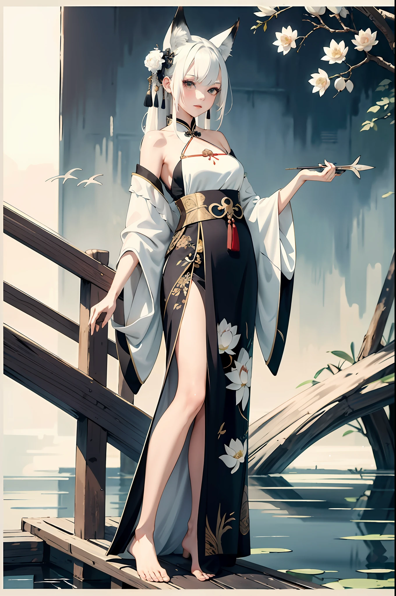 ((4K, Masterpiece, Best Quality)), Ink Painting, Traditional Chinese Ink Painting, Lotus, Hanfu, Maxi Kit, Modestly Dressed One Girl, Solo, White Hair, Long Hair, Fox Ears, Caucasian, Bikini, Fish, Many Nearby fish looking at viewer teasing