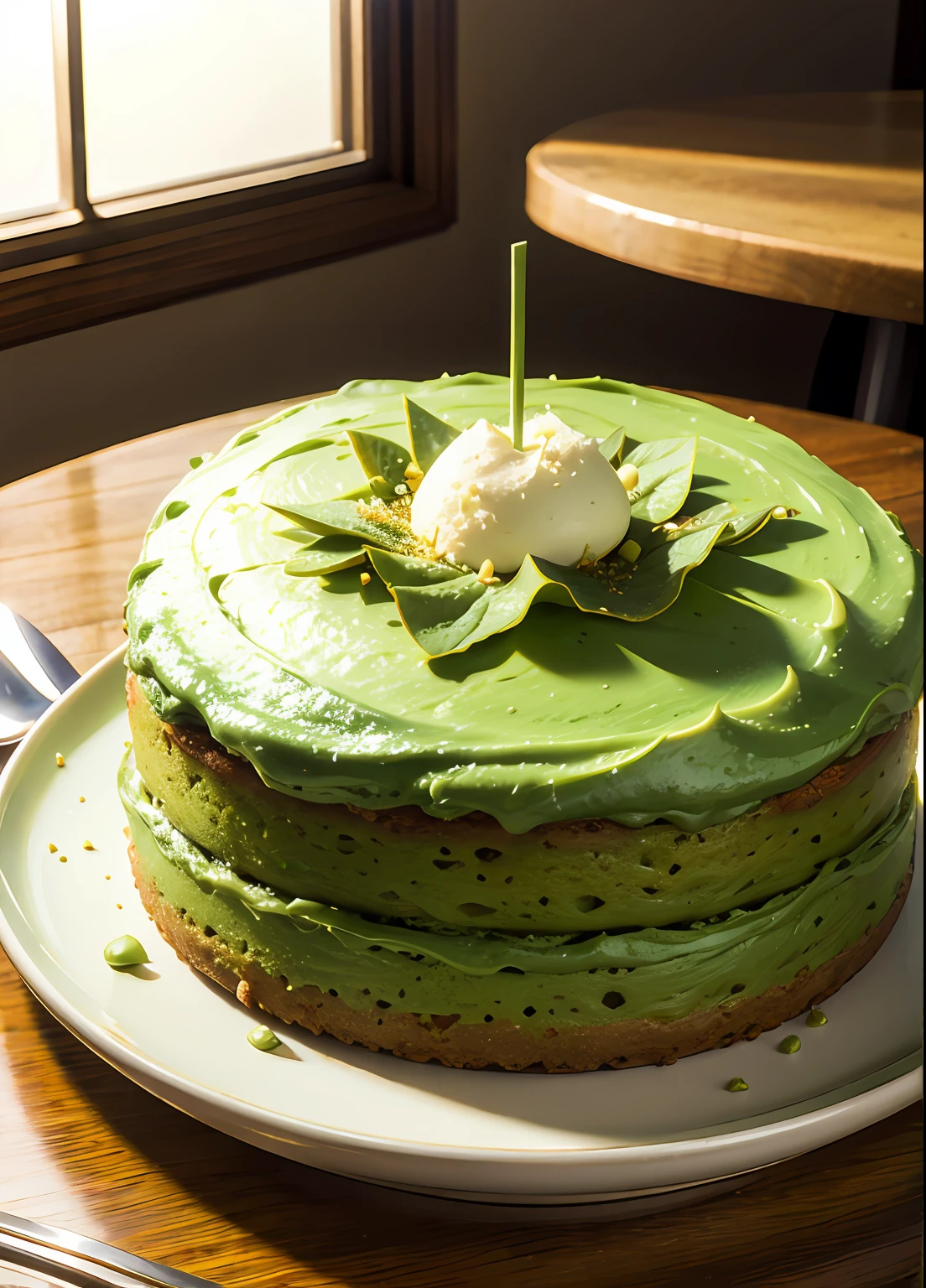 delicious matcha cake, photorealistic, yummy